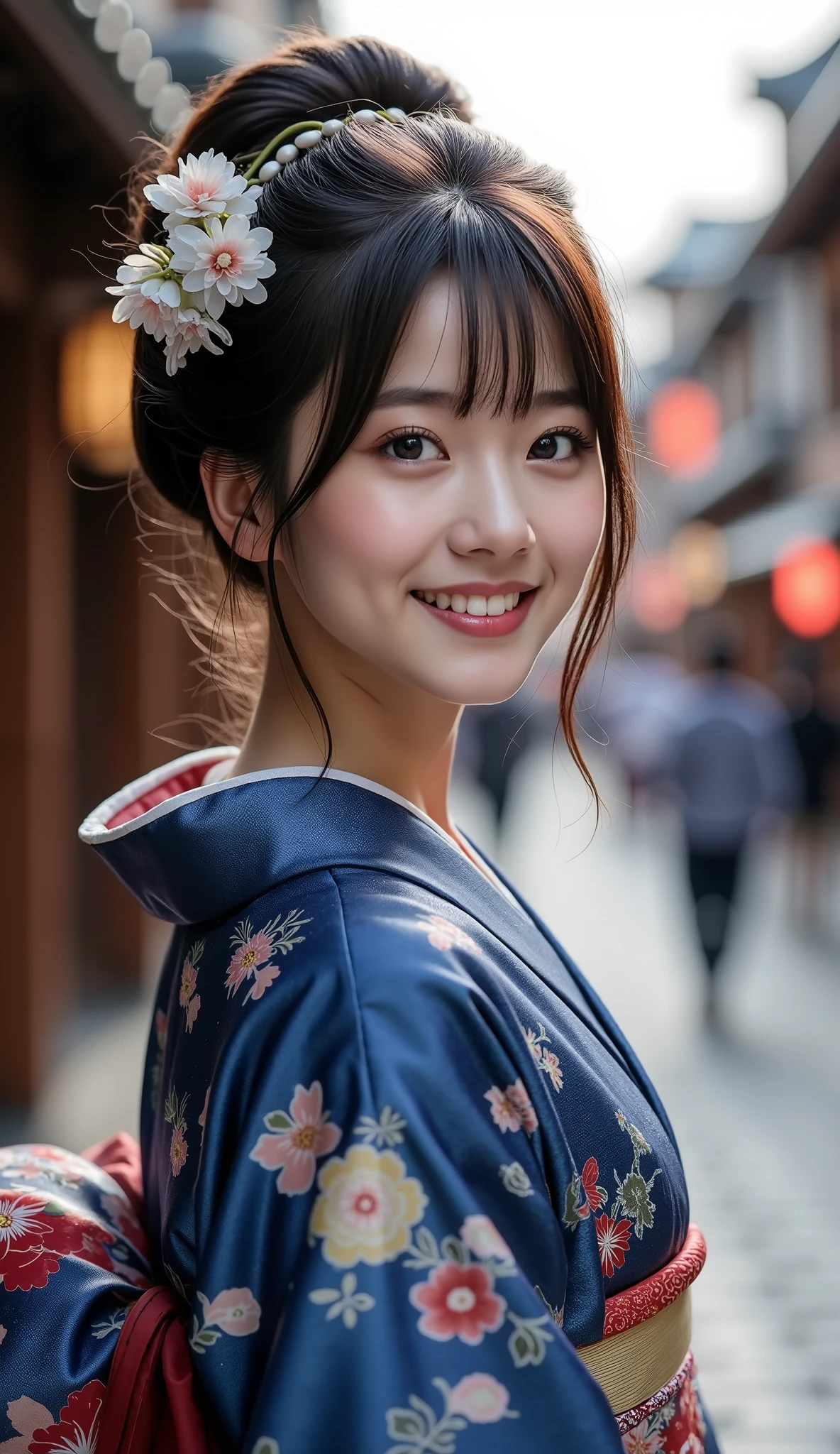 ((best quality)), ((masterpiece)), ( details), Full body high definition image of a Japanese girl, 顔のdetails, Smiling and looking at camera, Extremely beautiful kimono, Woman in dark blue and floral kimono。Kyoto's Gion cityscape in the background。