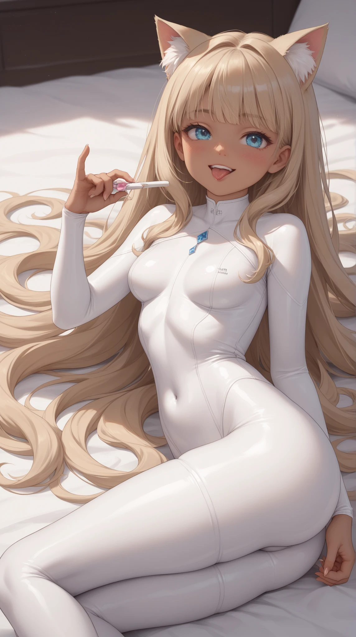 Pretty Girl Cute  Toddler Chibiro Lipedo Loli, Pediatric , Very Long Hair Cat Girl Cat Ears Brown Skin Brown Skin (((Thick Legs Thick Thigh Beautiful Legs Big ))) ( Ohogao ) smile ((( Temptation))) (((Gloss White  Tight Suit)))   , High Quality, High Detail, Top Masterpiece, perfect, High image quality High resolution (((Five Fingers,))) Two Legs Stable