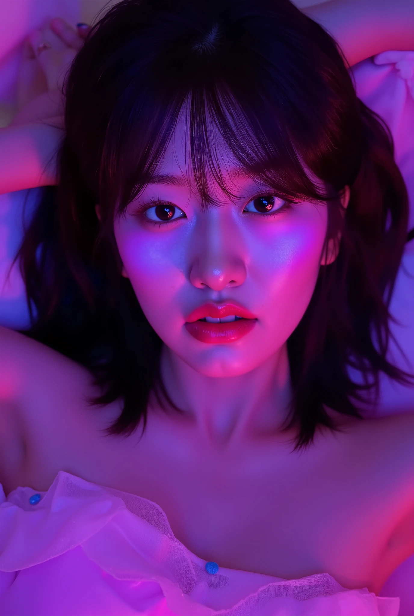 korean woman with pink makeup posing in bed, glowing pink face, soft portrait shot 8 k, glowing magenta face, glowing with colored light, sexy girl, glowwave girl portrait, magenta lighting. fantasy, glowing neon skin, color photograph portrait 4k, 8 k sensual lighting, glowing pink eyes, sexy face with full makeup. Neon eyes beautiful