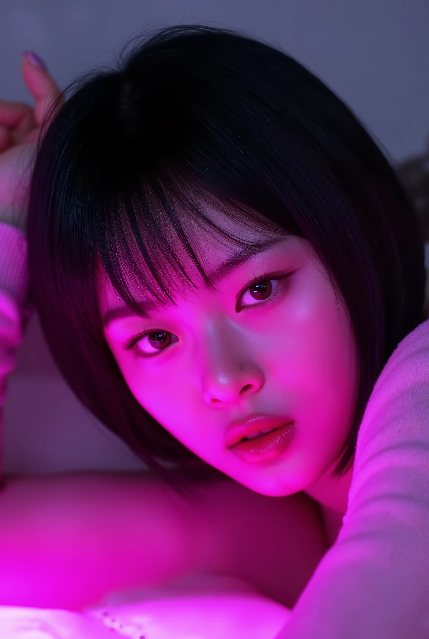 korean woman with pink makeup posing in bed, glowing pink face, soft portrait shot 8 k, glowing magenta face, glowing with colored light, sexy girl, glowwave girl portrait, magenta lighting. fantasy, glowing neon skin, color photograph portrait 4k, 8 k sensual lighting, glowing pink eyes, sexy face with full makeup. Neon eyes beautiful