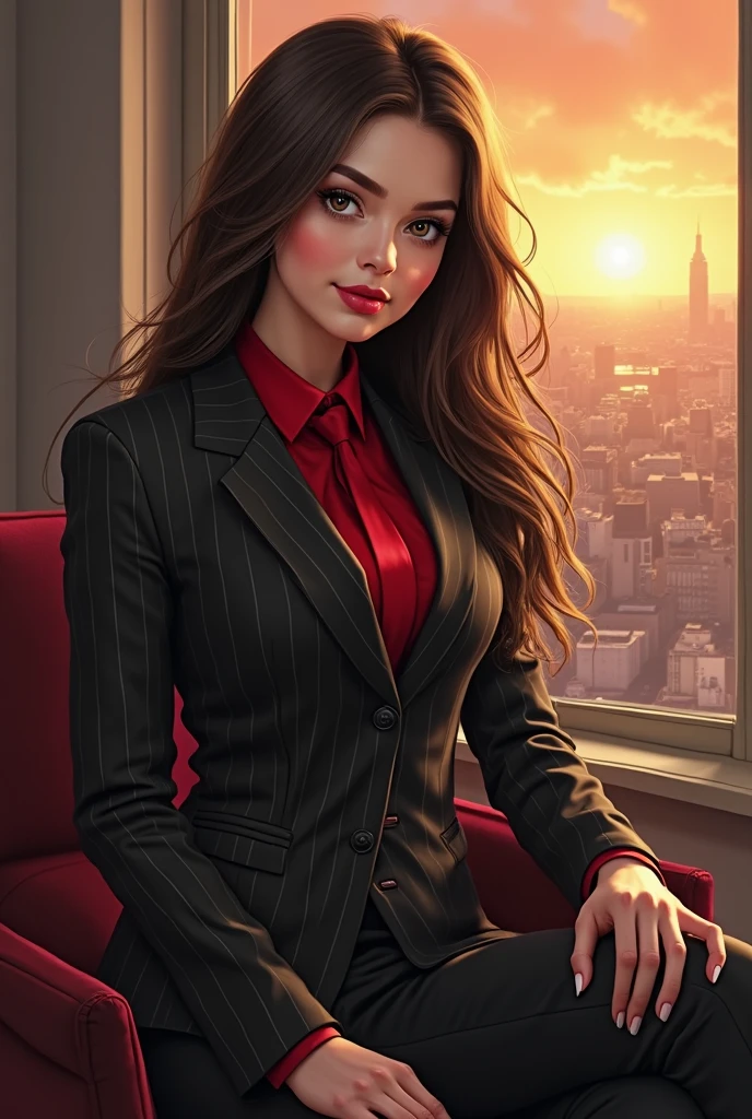 masterpiece, long hair, brown eyes, 1 girl,  trouser suit ,Leather business suit, (( three-piece suit )), Black diplomatic stripe suit, ((vest)), red shirt, red tie, tight-fitting leather pants, mouth shut,  of foot, ((( detailed lips ))), (( Realistic skin)), shiny skin, (( shiny red lips)), portrait,  beautiful, masterpiece, chica está sentada en la silla del escritorio viendo hacia el ventanal que se ve un  beautiful atardecer 