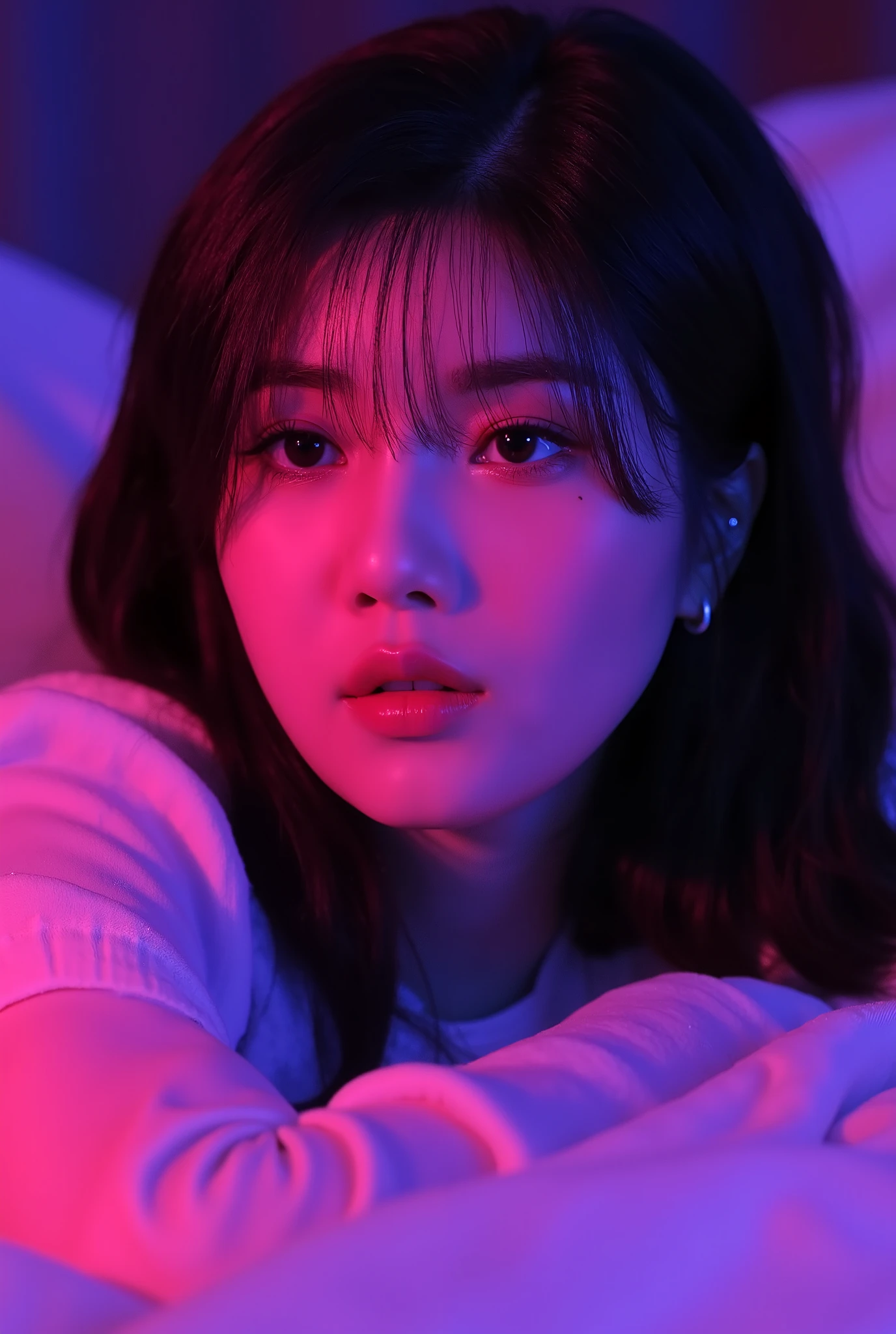 korean woman with pink makeup posing in bed, glowing pink face, soft portrait shot 8 k, glowing magenta face, glowing with colored light, sexy girl, glowwave girl portrait, magenta lighting. fantasy, glowing neon skin, color photograph portrait 4k, 8 k sensual lighting, glowing pink eyes, sexy face with full makeup. Neon eyes beautiful
