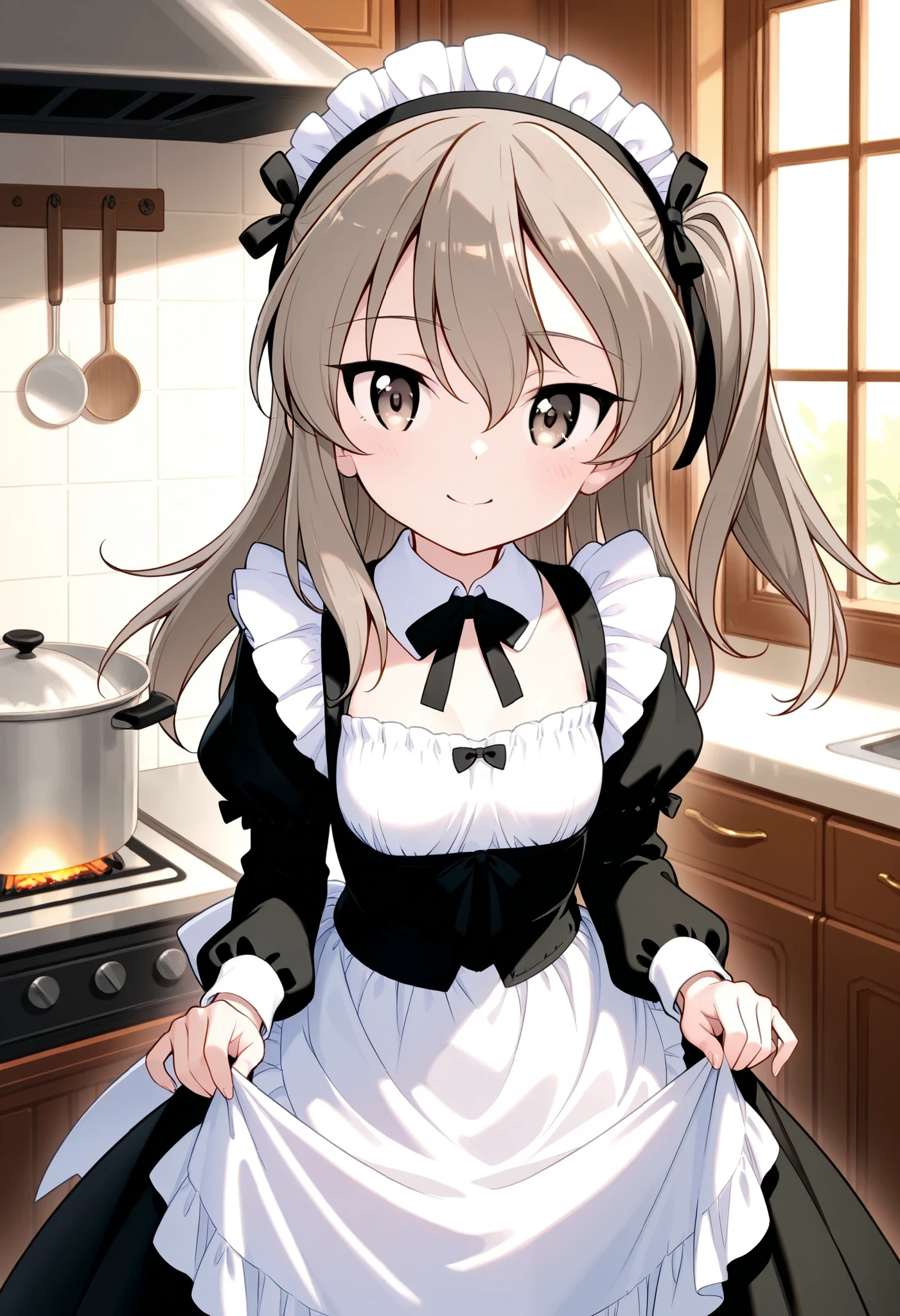 highest quality、High Resolution、 front shot 、is standing、Shimada Arisu,cute smile up to the knee, small breasts、 small breasts、1 girl , alone ,(brown eyes), long hair, light brown hair , indoors、kitchen、Victorian Maid Costume、Cooking in Hands、cowboy short