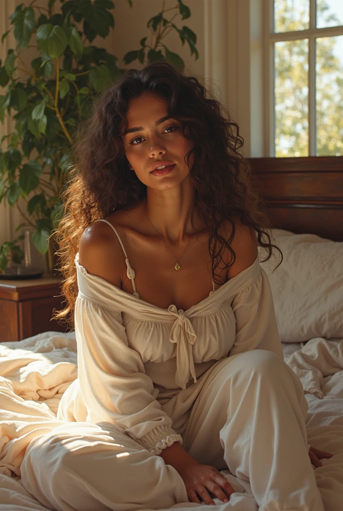 (photorealism:1.2), beautiful woman, sitting on bed, wearing loose off-shoulder top, pajama pants, long curly hair, indoors, soft lighting, plants in background, window with sunlight, cozy room, relaxed pose, realistic, intricate details, warm colors, by Greg Rutkowski, by Alphonse Mucha