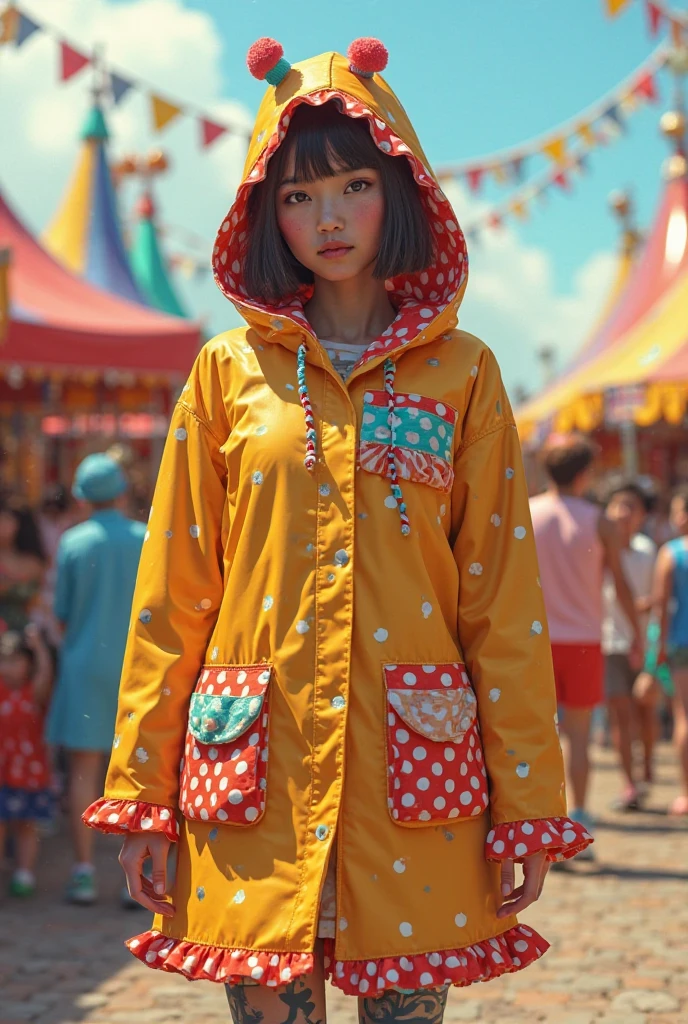 <lora:AbstractPattern:1.0> AbstractPattern teen clothed in a raincoat made entirely of plastic grocery bags