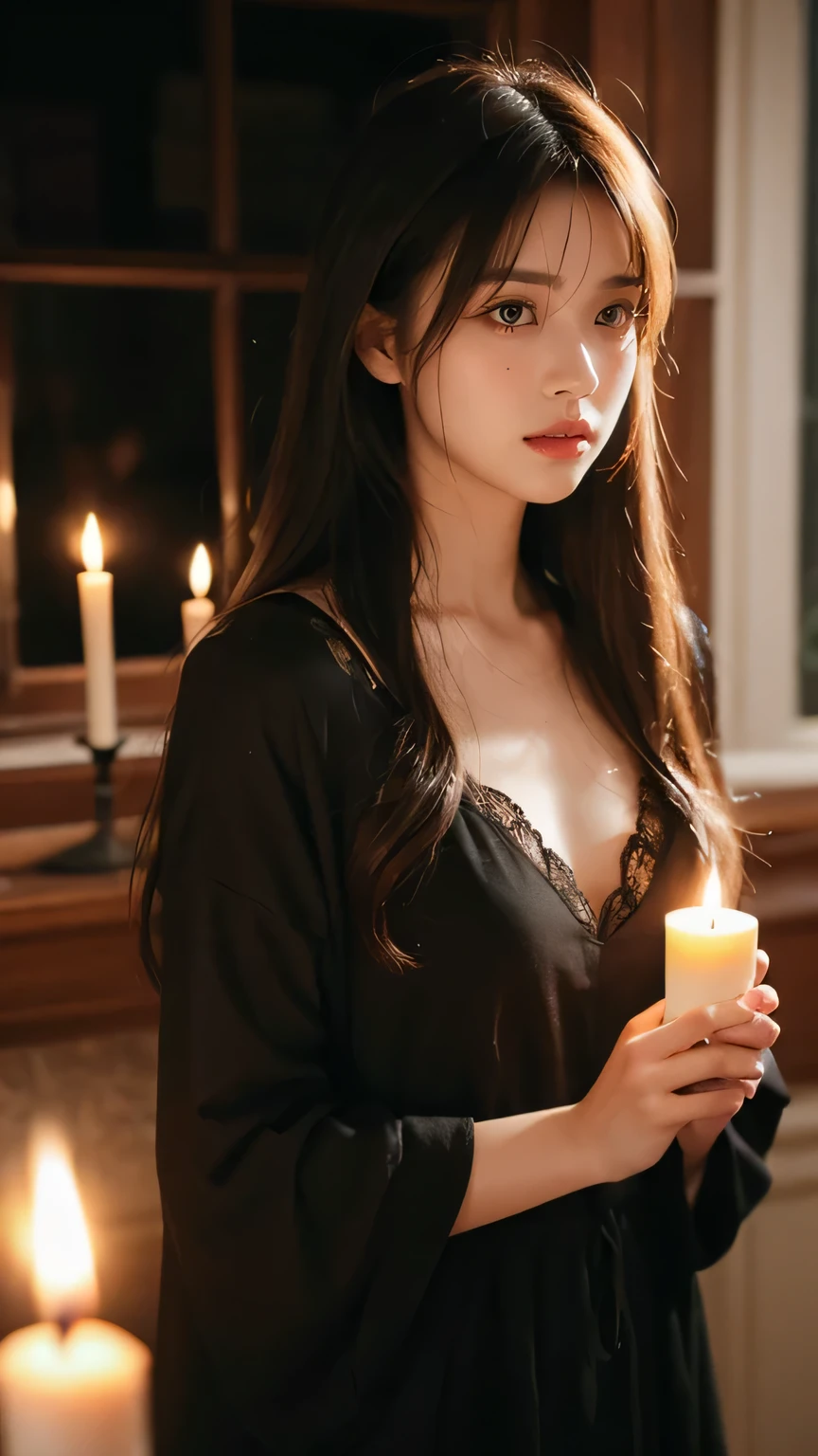 score_9, score_8_up, score_7_up, score_6_up, PRSNL, 1girl, blood, solo, long hair, blood on face, Holding a burning candle, looking down , looking at candle, white hair, nosebleed, pink eyes, hair between eyes, lips, closed mouth, freckles, bangs, very long hair, standing in the dark castle, darkness, glow, dark theme, masterpiece, artistic, unusual, extraordinary, magical