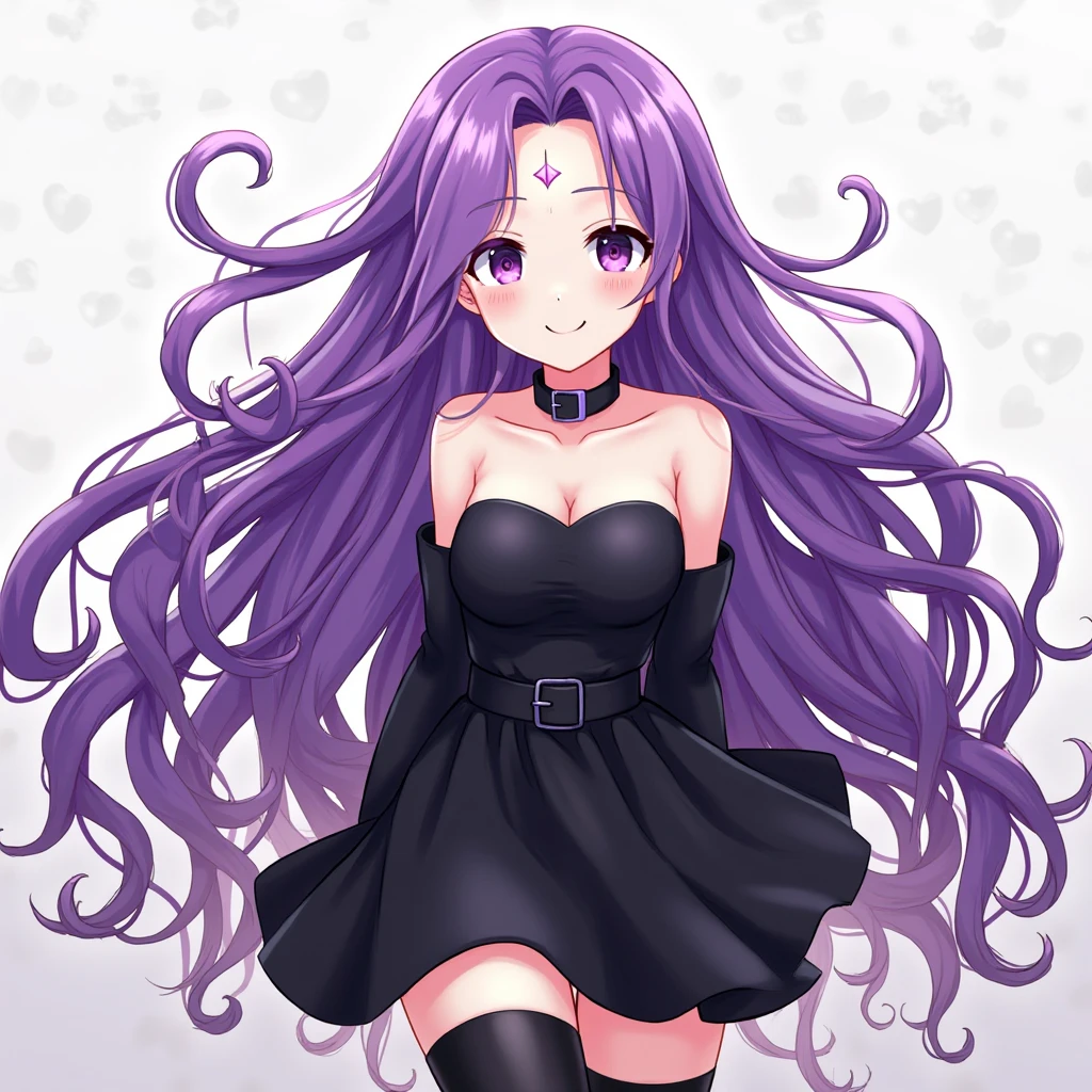 A portrait of a mature woman with very long PURPLE wavy hair and drill curls, side-swept bangs, blue eyes, ligh tanned skin, confident smile, wearing a black party dress, inside of a nightclub in the city, nighttime.