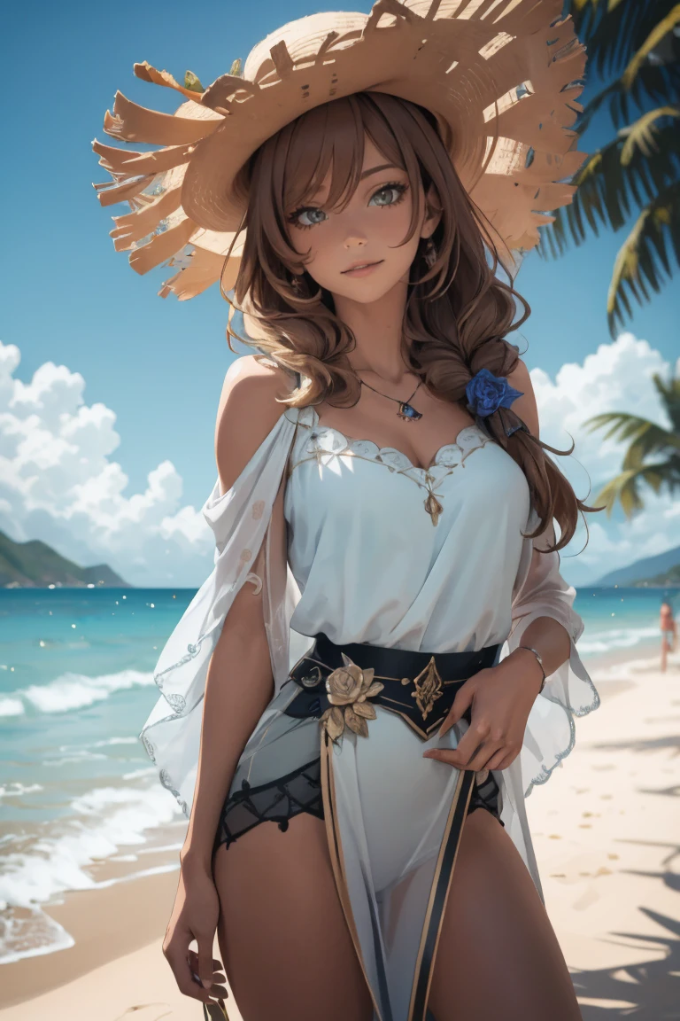 (masterpiece:1.2、top-quality)、(1lady、独奏、The upper part of the body:1.2)、 garments:Sheer flowing maxi dresses、a wide-brimmed hat、and strappy sandals、 accessory:shell necklace、 The hair:Loose wavy ponytail、 make - up:Natural, glowing skin、 BEReaction:relax、easygoing、Free-spirited、 The location:the beach、Resort、outdoor festival、Akame、huge tit、