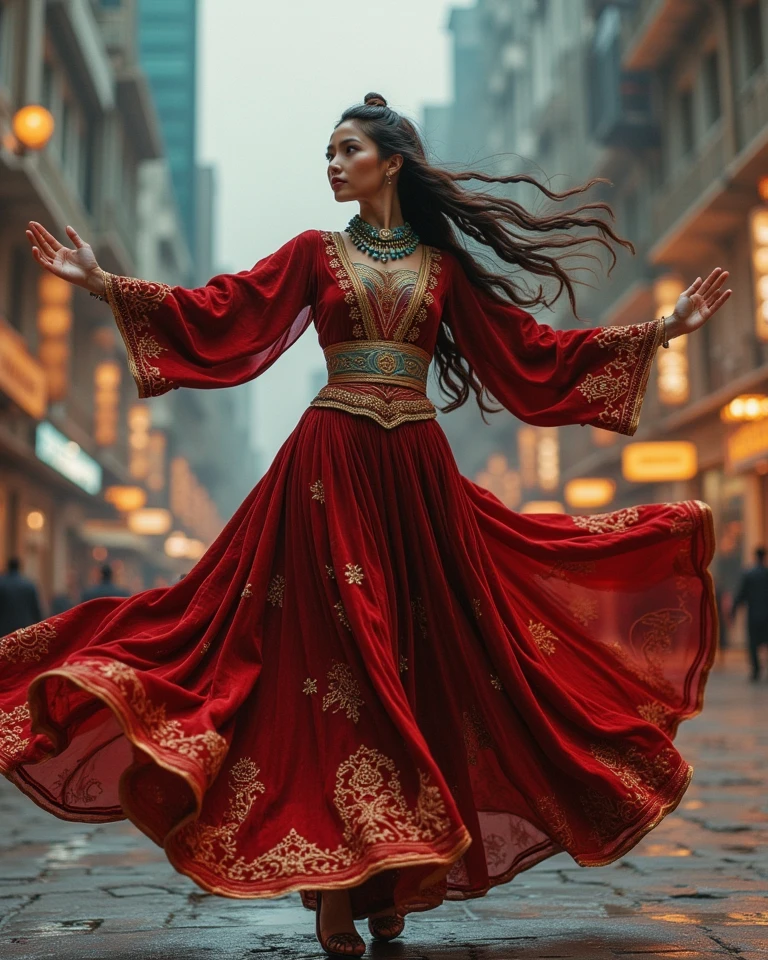 Award-winning hyper-realistic masterpiece in Don Lawrence’s style: A serene, powerful Chechen Lezginka Dancer mid-twirl in Modern Grozny, blending tradition/futurism. Crimson velvet dress with gold-thread Vainakh embroidery, flaring emerald-lined sleeves, silver belt etched with Quranic verses. Signature jewelry: seven-stranded turquoise/carnelian necklace, temple pendants (tusholi) dangling from braided hair, engraved mountain-peak cuffs. Elegant face: sun-kissed high cheekbones, hazel-gold eyes, silver chokhta headpiece with lapis lazuli. Diaphanous silk shawl swirls as she balances en pointe, arms winged in prayer/defiance, silver ruby nose ring glinting.

Backdrop: Glass skyscrapers with glowing Kufic calligraphy, holographic Shatoy Tower above neon bazaars, floating jasmine gardens. Twilight hues (amber/violet) cast long shadows; bioluminescent halos on Islamic geometric arches. Details: wind-tousled skirts, hennaed hands, constellations mirroring Chechen folklore. Symbolism: Her dance bridges eras—devotion in Quranic jewelry vs. Grozny’s AI-powered stalls. Cinematic textures: embroidery threads, weathered silver, reflective glass. Fantasy-realism: ethereal light trails, celestial gold-dusted brow. 

Post-process in 8K with Topaz Gigapixel AI and cool azure/warm amber color grading. cinematic aesthetic lighting art by Greg Rutkowski trending on Artstation