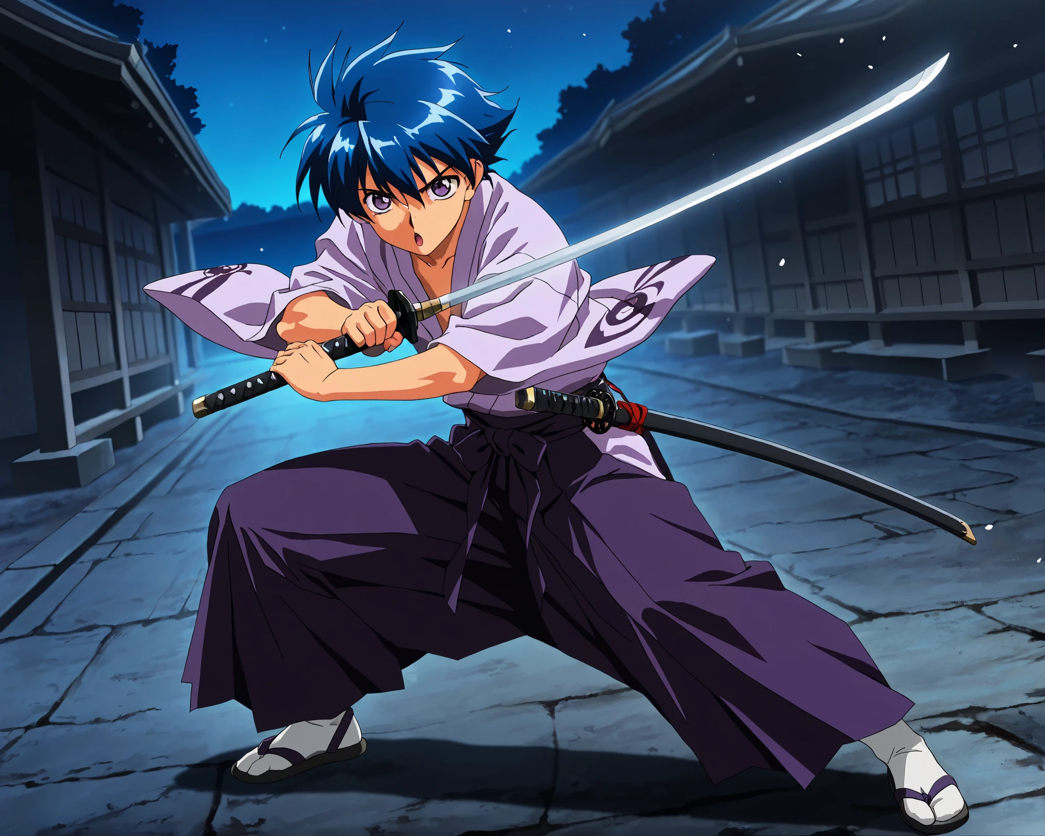 ((masterpiece)), ((best quality)), ((ultra-detailed)), score_9_up, score_8_up, score_7_up, HD, top quality, best quality, High-quality illustrations, anime screencap, perfect anatomy, 1boy, 1male, male anime character, anime boy, Takeru Taiga, blue hair, purple eyes, Japanese, night time, japanese clothes, hakama, Purple kimono, masterpiece, best quality, amazing quality, 1990s (style),perfect lighting, action pose, weapon, Katana, (( The Katana's blade is a cobalt blue )) holding weapon, full body