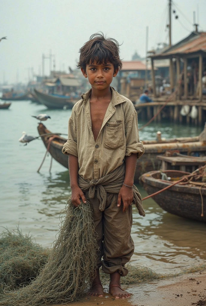 original photo. a 6 year old boy with an Indonesian face. wearing a slightly loose white t-shirt. black shorts. barefoot. holding an empty jerry can. and a piece of money. Walking in the village, there are many houses whose eyes look up as if they are thinking about something. confusion. best quality. reallife.