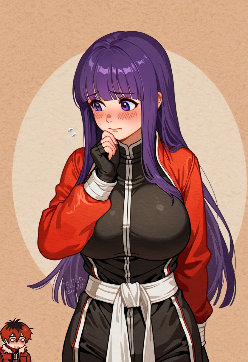 ( fantasy world:1.4), fern, female 1, purple hair , long hair, are embarrassed, Big Breasts, (Stark Outfit, Black tai chi boxing suit, Cotton texture:1.2), red jacket , white cloth belt, black gloves with fingertips sticking out, Stark Outfit装をしたfern, 最high quality, Ultra High Resolution, masterpiece, accurate anatomy, very detailed, high quality, 最high quality, 8k,
