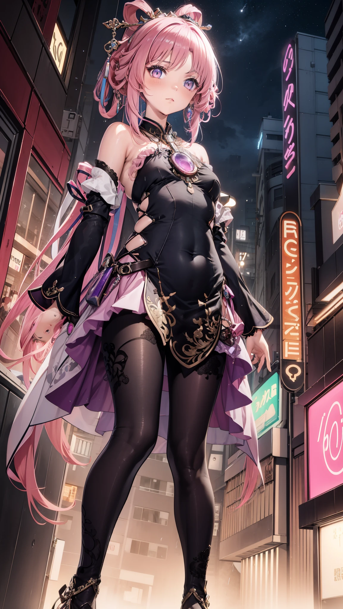 raiden shogun, adult woman strict and serious, long hair, braided ponytail, purple eyes, purple hair, hair ornaments, high heel boots, (masterpiece:1.4, best quality), D cup, street walk, (intricate details),unity 8k wallpaper, ultra detailed,(pastel colors:1.3), detailed, solo, biohazard, synthwave, by Ali Erturk <lora:add_detail:0.7> <lora:raiden_shogun_off-1:0.7>