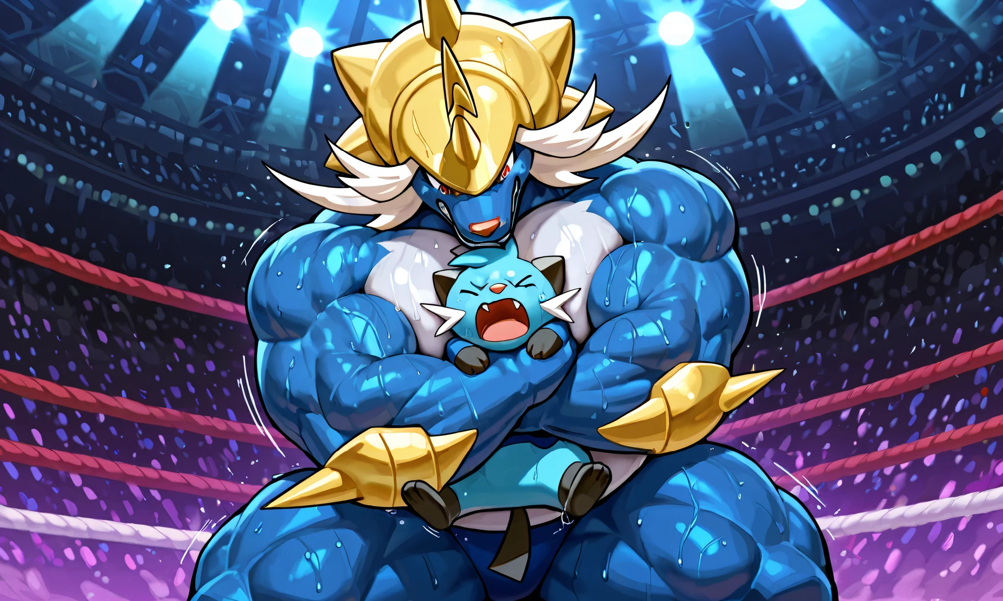 giant feral samurott, small feral dewott, wresling, side choke hold, [samurott:carrying person, head lock from side, arms around neck, heavy weight bulky fat, giant plump muscular body, venis popping, evil grin, looking each other, spread legs wide, wearing wretling red spats, sweaty], [dewott:small build, head between arms and pecs, pain, closing eyes, open mouth],size difference, motion blur, motion line, fighting arena background, from below