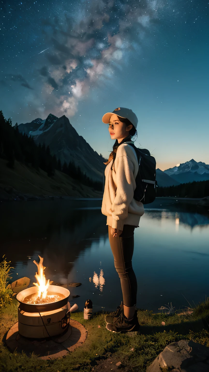 masterpiece, best quality, ultra-detailed, illustration, 1girl, solo, outdoors, camping, night, mountains, nature, stars, moon, tent, twin ponytails, green eyes, cheerful, happy, backpack, sleeping bag, camping stove, water bottle, mountain boots, gloves, sweater, hat, flashlight, forest, rocks, river, wood, smoke, shadows, contrast, clear sky, constellations, Milky Way, peaceful, serene, quiet, tranquil, remote, secluded, adventurous, exploration, escape, independence, survival, resourcefulness, challenge, perseverance, stamina, endurance, observation, intuition, adaptability, creativity, imagination, artistry, inspiration, beauty, awe, wonder, gratitude, appreciation, relaxation, enjoyment, rejuvenation, mindfulness, awareness, connection, harmony, balance, texture, detail, realism, depth, perspective, composition, color, light, shadow, reflection, refraction, tone, contrast, foreground, middle ground, background, naturalistic, figurative, representational, impressionistic, expressionistic, abstract, innovative, experimental, unique
