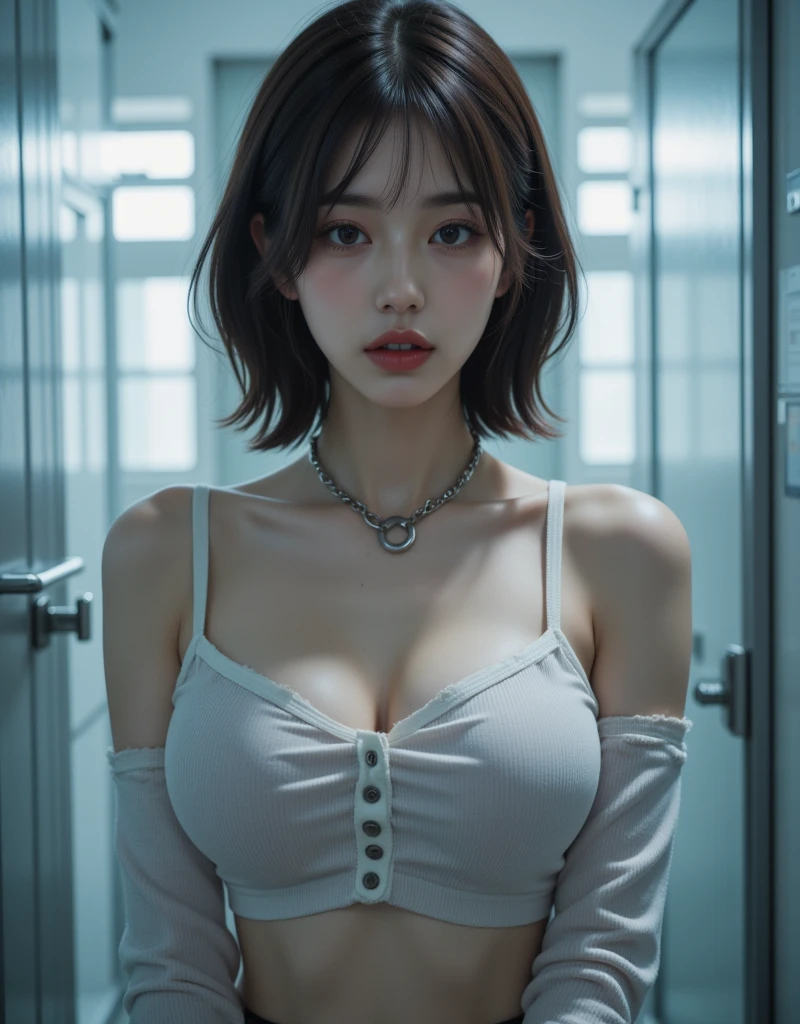 big, big breasts, Tattered little white tank top, No bra, (black mini skirt: 1.15), (suspenders: 1.2), Thick leather gloves, alone, woman, (pie apple v1:1.05), pie apple, (parted lips, light smile), (shiny skin: 1.1), blush, (bangs)), long hair, clenched fist, Duke, fighting pose, skin dents, ( (Slim slender body)), (long lego dell figure, highest quality, ultra high resolution, (realistic), (detailed face and eyes), Industrial slam cyberpunk dystopia background