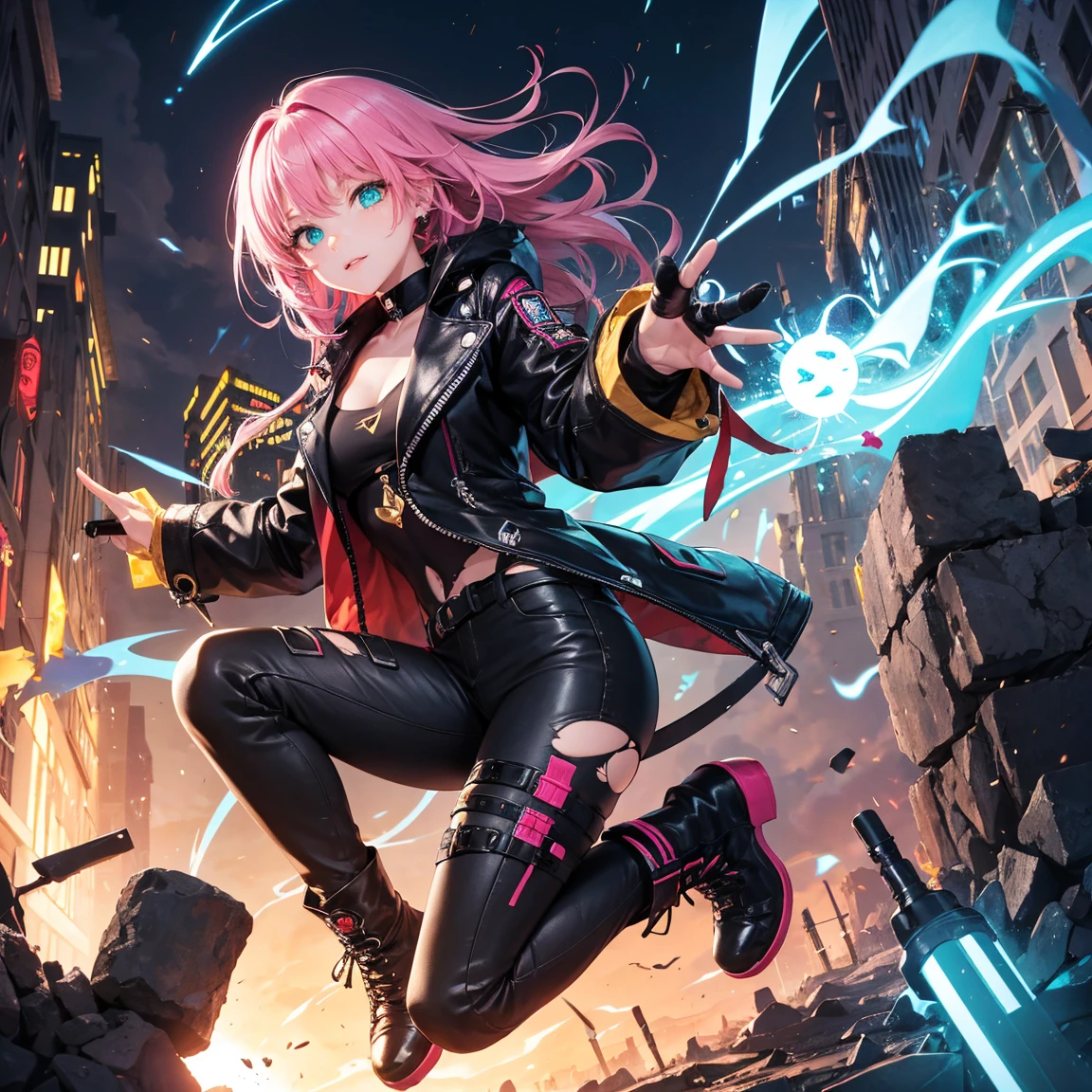 hiquality, hight resolution, ultra-detailliert, high-level image quality, hightquality, Comics style, Detailed eye depiction, digitial illustration, Enamel Art, Center, art  stations, concept-art, character sheets, Lightning Wave, graffiti paint, Vibrant colors, Sharp Focus, Female spreads legs from side to side、large boob、Whip body、Tight miniskirt outfit、Facing the front、low angles、Zoom up the subject