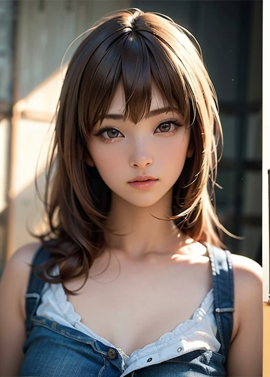 ((very young)) female, lips, light smile, curly hair, looking at viewer, upper body, leaning forward, t-shirt, downblouse, small breasts, perky breasts, denim shorts, nsfw