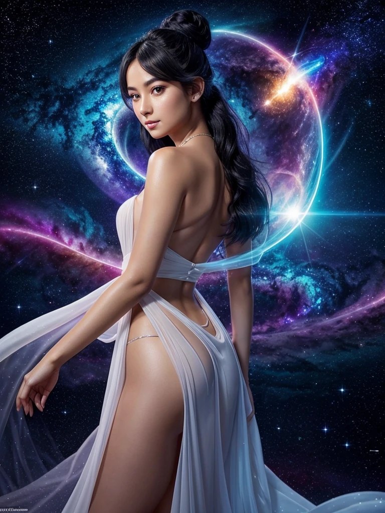 A woman who combines beauty and eroticism、Beautiful woman with breathtaking、18-year-old、Alluring、sexy、Eros、Silver long hair、Beautiful Face、Detailed and perfect face、Large, even eyes、Perfect proportions、Big Tits、Narrow waist、navel、Crotch gap、Thighs、Dynamic Pose、Official Art,unity 8k wallpaper,Super detailed,Beauty and aestheticasterpiece,highest quality,(Tangle,Hallucinations,Tangle,Intertwined),(Fractal Art:1.3),Very detailed,Dynamic Angle,Cowboy Shot,The most beautiful form of chaos,elegant,Fauvist design,Bright colors,Romantic、Fusion of morning glory and dreams、Yellow and red fusion、Mysterious Tangle、