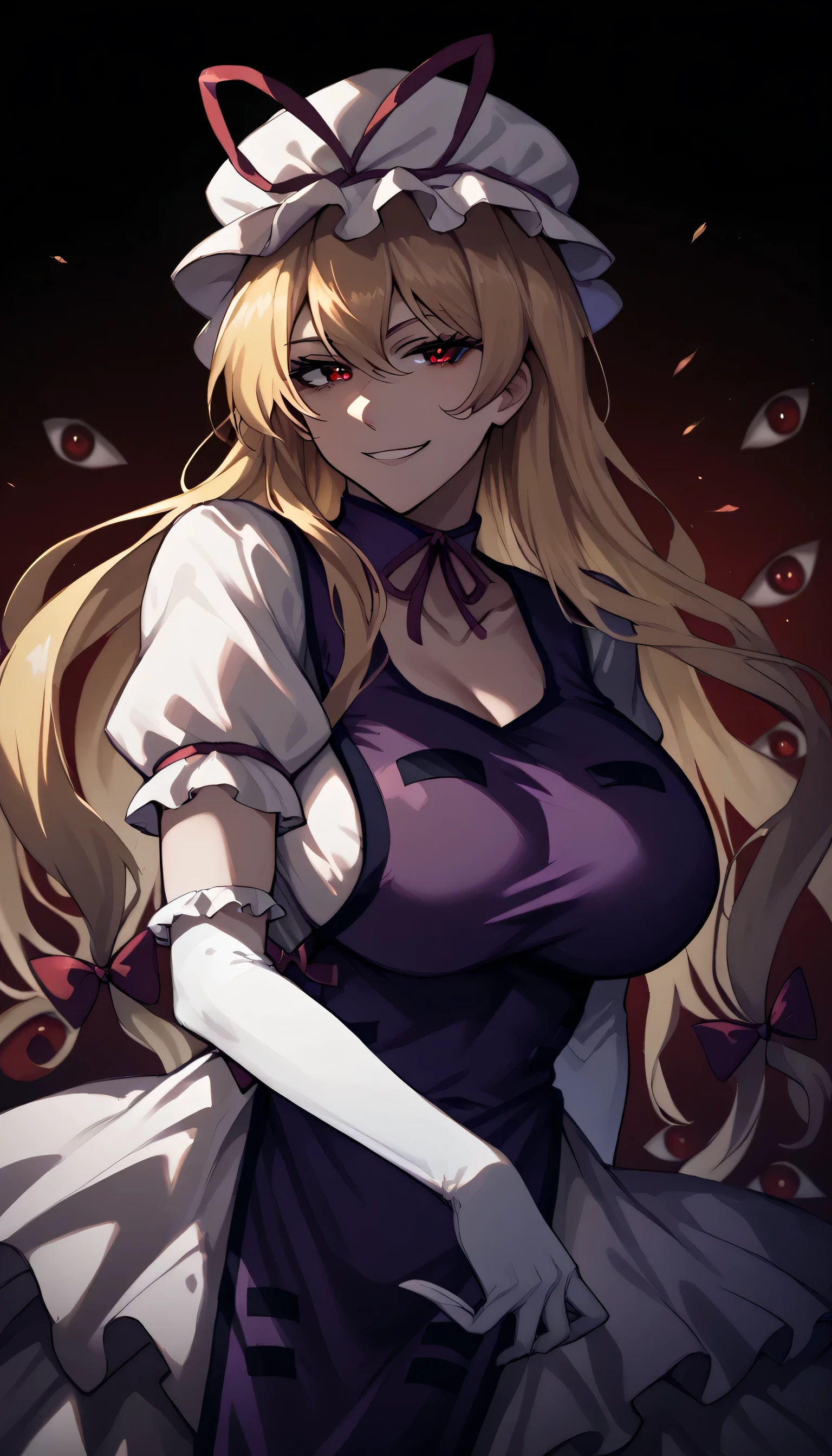 Give your images flat even illumination (negative) or dramatic chiaroscuro lighting (positive), looking at viewer, , huge breast,gap \(touhou\)A very dark place with a lot of red eyes,THYukari, mob cap, long blonde hair, hair ribbon, elbow gloves,
purple dress, ribbon choker,
white dress, purple tabard,Evil smile, keep an eye on everything around