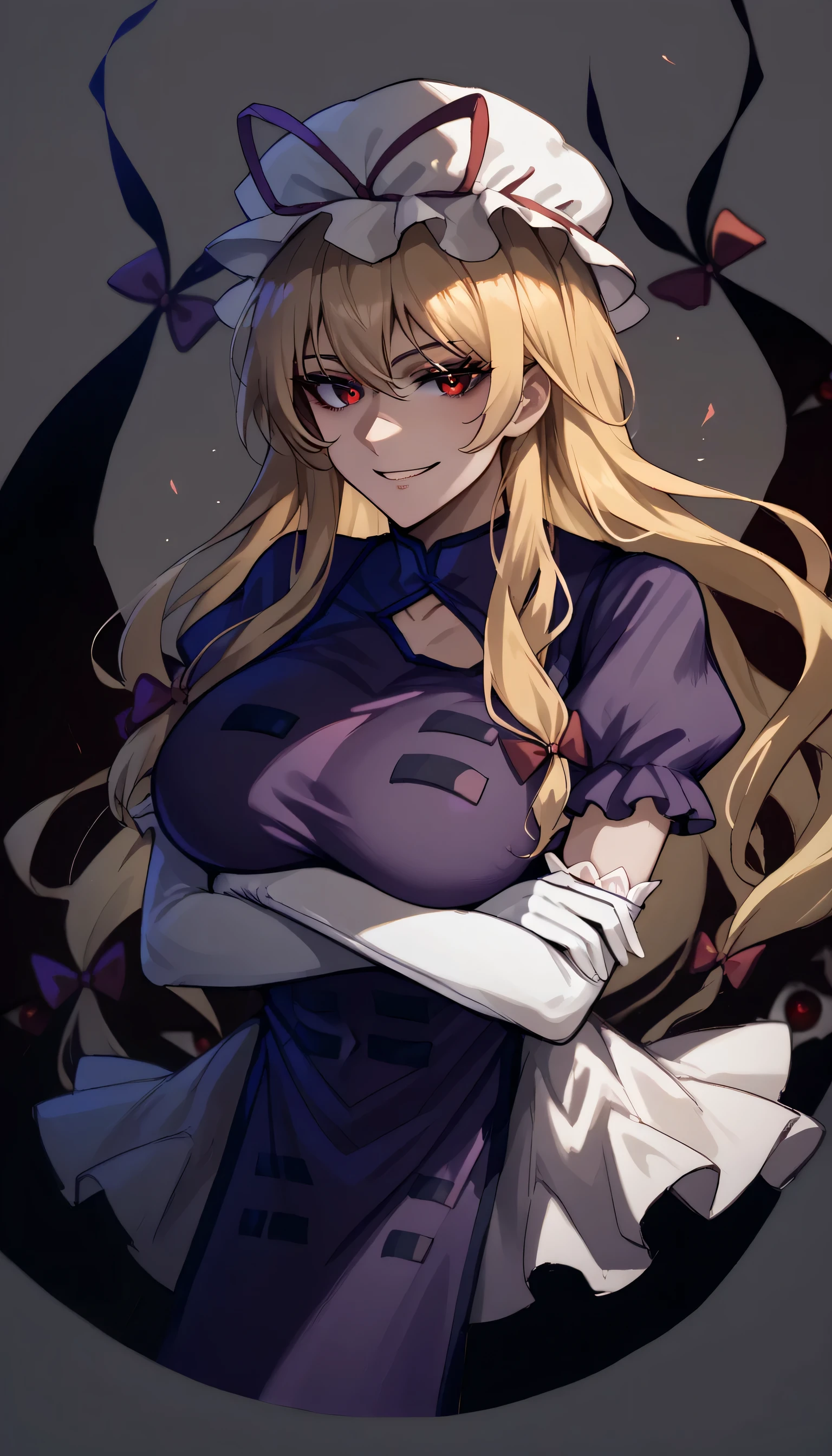 Give your images flat even illumination (negative) or dramatic chiaroscuro lighting (positive), looking at viewer, , huge breast,gap \(touhou\)A very dark place with a lot of red eyes,THYukari, mob cap, long blonde hair, hair ribbon, elbow gloves,
purple dress, ribbon choker,
white dress, purple tabard,Evil smile, keep an eye on everything around