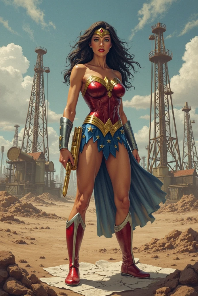 A modern-day warrior woman draped in her country's flag, standing atop a hill with a cityscape below, the scene rendered in dramatic lighting that emphasizes her strength and the dynamic composition of the patriotic theme.