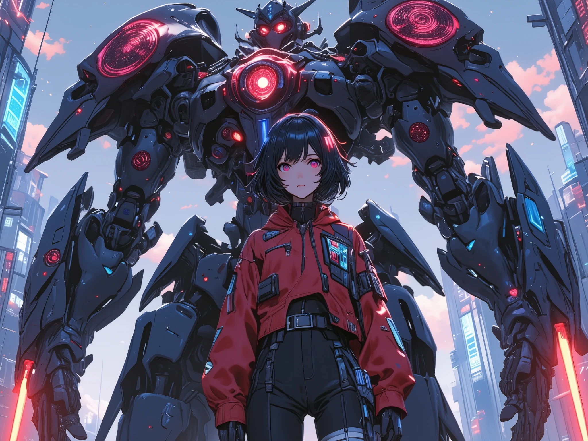A reimagined version of Sarada Uchiha from Boruto as a skilled mecha pilot in a futuristic world. She wears a sleek, high-tech pilot suit with a mix of black and red tones, accented with glowing blue circuitry and a reinforced visor displaying tactical data. Her short black hair is slightly tousled, and her Sharingan gleams with a digital interface overlay.
Behind her stands her unique mecha—a towering, cutting-edge war machine with an angular design, blending samurai aesthetics with advanced cybernetic enhancements. The mecha’s armor is black and crimson, featuring an intricate Uchiha clan emblem glowing subtly on its shoulder plates. Its arms are equipped with high-energy plasma blades, and its core radiates a powerful crimson energy, resonating with Sarada’s own strength and intellect.
The background depicts a neon-lit battlefield, with holographic displays floating in the air, distant explosions reflecting off the sleek metal surfaces of the futuristic city skyline. Sarada stands confidently, her expression focused, ready to lead her mecha into battle