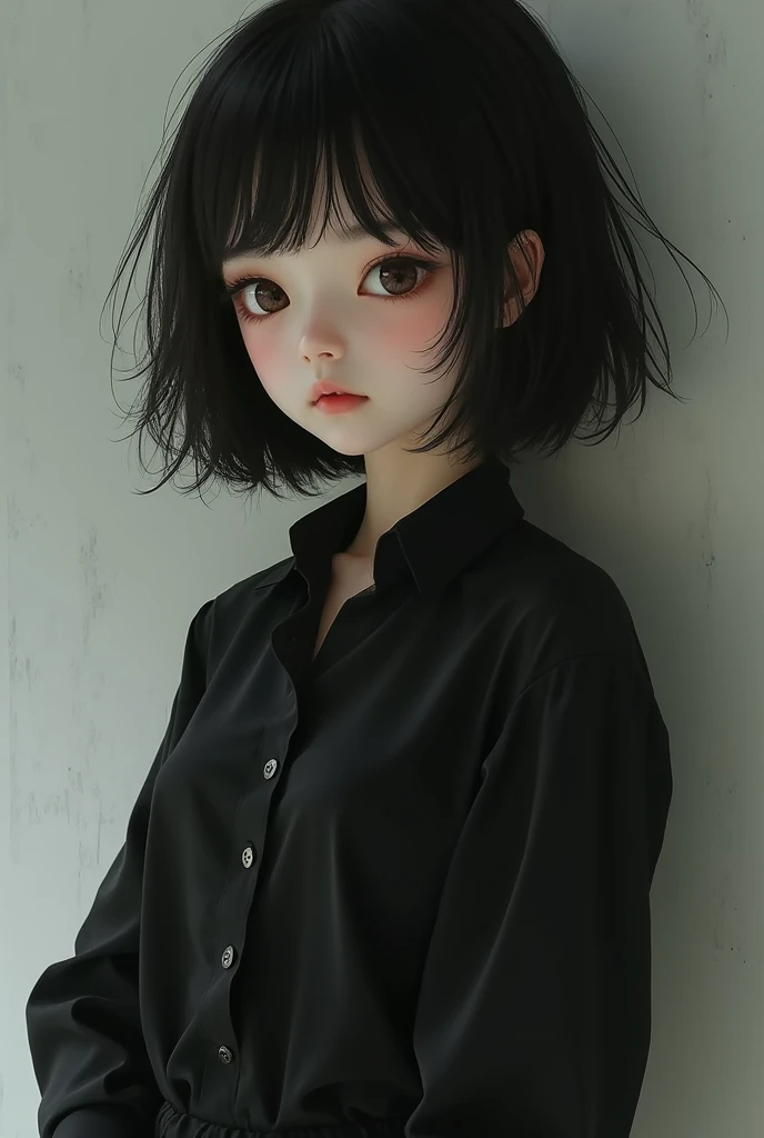 neat girl is beautiful japanese female and beautiful russian female mixed race only in the face age is 17 features of the whole body black hair medium straight bob cut hair style beautiful small face with short eyelashes boyish eyes only high nose dark blue pupils very thin upper lip milky white skin accurate attractive body shape beautiful bust waist hip s thighs knees legs choker and tie on neck shirt with collar relux on bed
