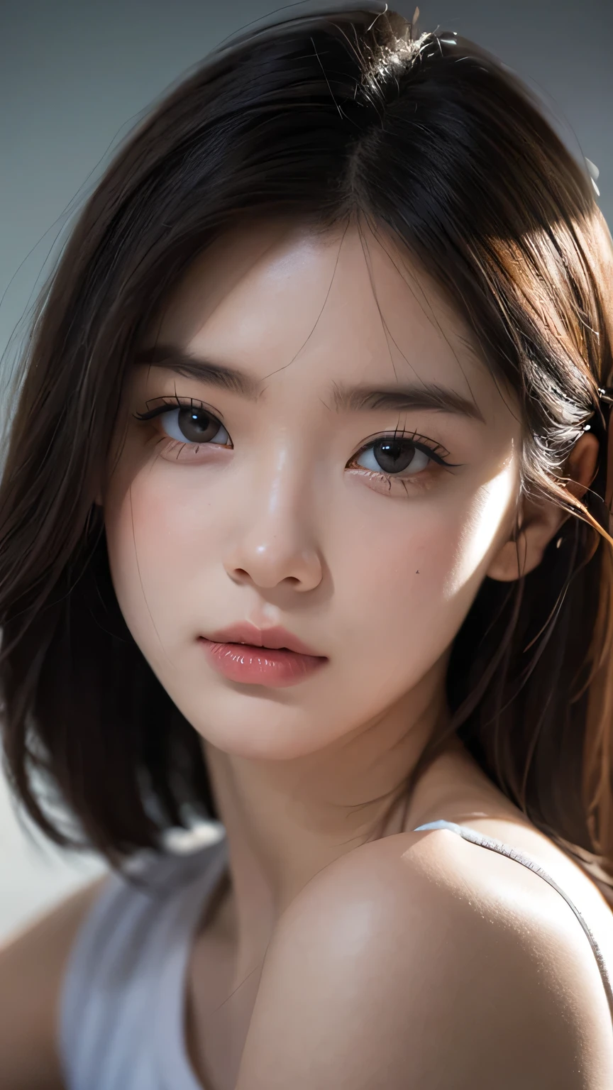 (close-up, editorial photograph of a 21 year old woman), (highly detailed face:1.4) (smile:0.7) (background inside dark, moody, private study:1.3) POV, by lee jeffries, nikon d850, film stock photograph ,4 kodak portra 400 ,camera f1.6 lens ,rich colors ,hyper realistic ,lifelike texture, dramatic lighting , cinestill 800,