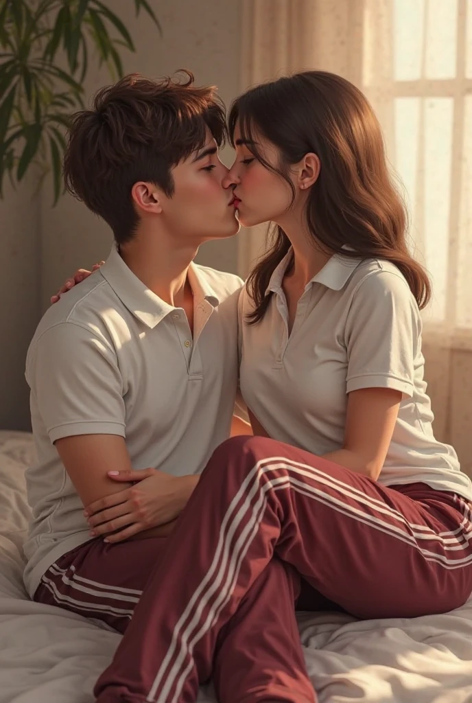8k, detailed, digital photography, 2boys, The image shows two young people in an intimate and affectionate moment, kissing. Both are wearing white shirts, and one of the individuals is sitting on the couch, while the other leans towards him, holding his face. The environment looks cozy, with a lamp in the background and some decorative objects, creating a soft and romantic atmosphere. The couch has an animal skin print, and there is a plant on the right side of the image.