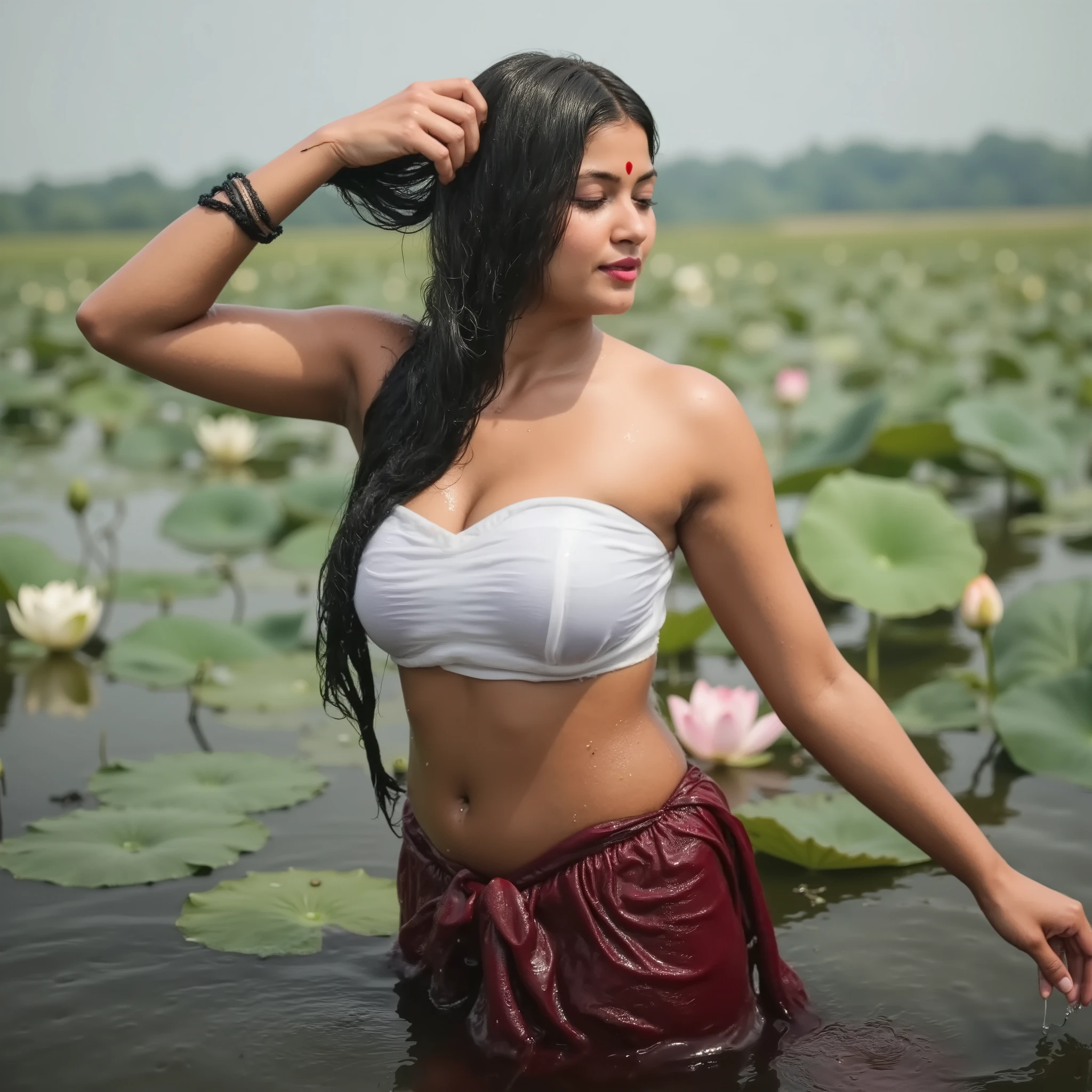 Cinematic shoot, Bright sunlight on one side, hair flowing in one side in gentle breeze, beautiful Indian girl at a distance wearing white strapless twisted mini tube bandeau, many lotus on water, detailed female face, barefoot, detailed perfect hands, shiny olied skin, sweaty skin, chubby cheeks, thick arms, navel, busty curvy and hourglass figure, very big , sunlight on face, detailed skin, short hair bangs, sweet face, dark red sarong bottom, detailed skin texture, freakkles, acne marks, depths of field, cinematic, 8k, canon 5d, raw photo, film gain, red holy dot (Sindoor) on forehead, indian housewife, very descriptive look, shoot from distance, full body photo, wet body, wet clothes, water ripple light reference, sweaty, lotus on hand, sweaty wet skin