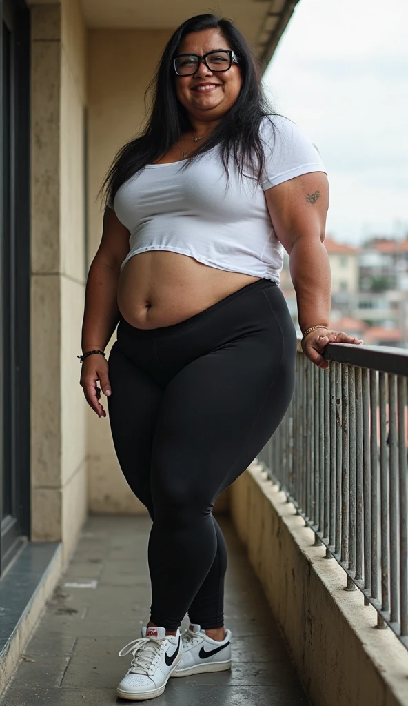 asian woman 52 years old wearing glasses smiling long black hair wearing a pink bra fat belly chubby belly wearing black yoga leggings wearing white shoes overweight weight 245 pounds standing with her full body showing at the park