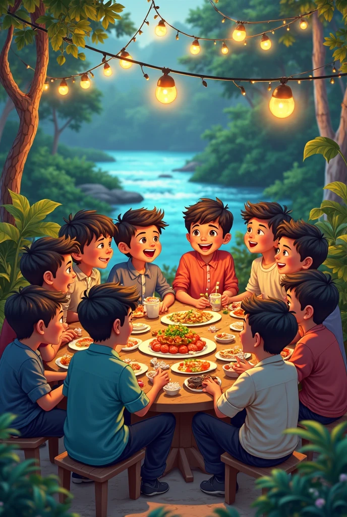 Three Brazilian boys having a barbecue in the afternoon with three foreign girls in front of the house.
