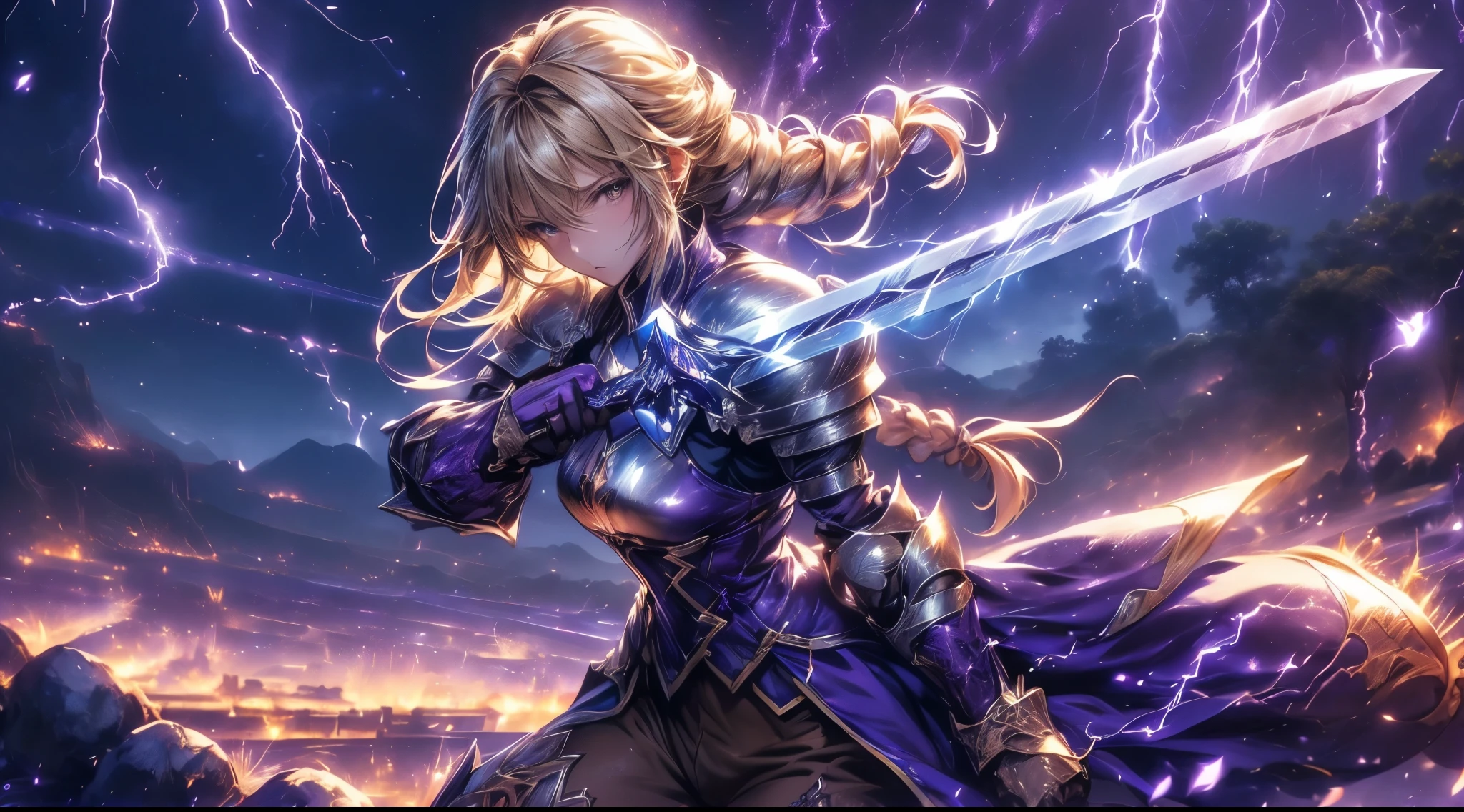 (Agrias Oaks\(Final Fantasy Tactics\),score_9, score_8_Excellent, score_7_Excellent, 32K ,Detailed Depiction 、 壊す A girl holding a 剣 in her hand, Luxurious Sword, Lightning-charged Sword,,blond hair, braided ponytail ,brown eyes,shoulder armor, armor, corsets,(brown pants:1.3), Knee pads, BLUE DRESS , brown gloves, pants, Cross Race Boots ,big breasts,dynamic pose viewed from the bottom of the back,fighting stance,Dynamic Angle,(\(Become, European Swords ,purple lightning sparks , glows blue\):1.4)\),(purple lightning sparksが彼女の全身から噴出する), Female Paladin Images , Anime Fantasy Art Destroys ,background\Long Hit,Dynamic Angle,a huge art structure made of very aesthetic chrome plated framework and glass, 青い月と星のbackground,Night Sky , (Alone:1.6 )(highest quality)),(Ultra High Resolution),(Super Detail)
