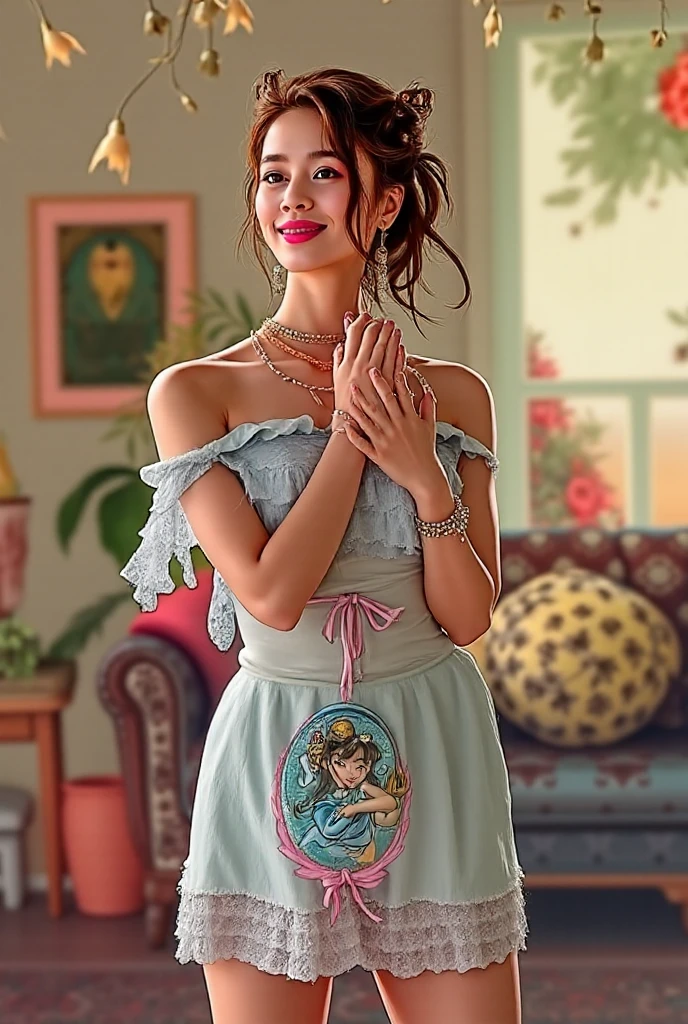 Lily Collins. svelte, lean curvaceous-figure. cute long sleeved. lace boho dress. dd-cup sized breasts. short and dainty. happy, smiling cheerful face. Frolicking in a magical meadow of daisies. 1950s panavision 70. Detailed clear. lifelike.