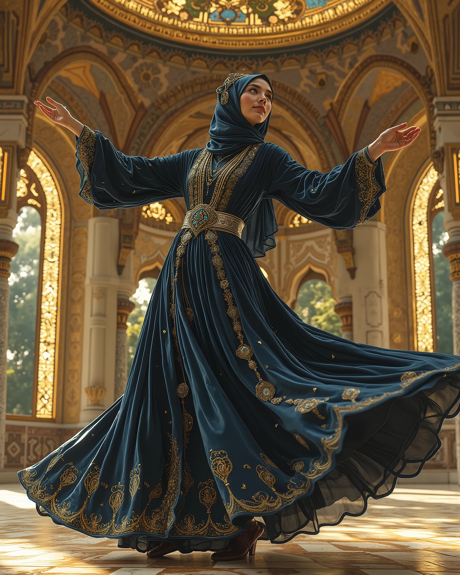 Award-winning hyper-realistic masterpiece in Don Lawrence’s style: A modest Chechen Lezginka Dancer mid-twirl in a Majestic Hall, clad in a full-coverage traditional costume honoring Islamic modesty. Floor-length navy-blue velvet dress with high neckline and long sleeves, embroidered with gold Vainakh motifs and Quranic script. A silver belt accents her waist, layered over a flowing ivory underskirt. Her elegant hijab, matching the dress, drapes securely with delicate silver pins and cascades into a sheer train. Signature Chechen jewelry: A seven-stranded necklace of turquoise and carnelian, engraved silver cuffs on her wrists, and a chokhta headpiece beneath her hijab, embedded with lapis lazuli. Her serene face—sun-kissed cheeks, hazel-gold eyes framed by kohl—radiates devotion. Dynamic pose: Balanced en pointe, arms arched like wings, skirts swirling modestly as silk veils flutter. Backdrop: A hall of Islamic grandeur—soaring arches adorned with gold-leaf calligraphy, stained-glass domes casting prismatic light on tessellated marble floors. Floating panels glow with bioluminescent Arabic verses. Symbolism: Her dance embodies faith—hijab as divine reverence, embroidery echoing Quranic walls. Details: Ethereal light trails, hennaed hands with geometric patterns, celestial dust haloing her hijab. Don Lawrence’s crisp realism: hyper-detailed velvet textures, weathered silver jewelry, divine golden-hour lighting. Post-process in 8K with Topaz Gigapixel AI and cool azure/warm amber color grading. cinematic aesthetic lighting art by Greg Rutkowski trending on Artstation