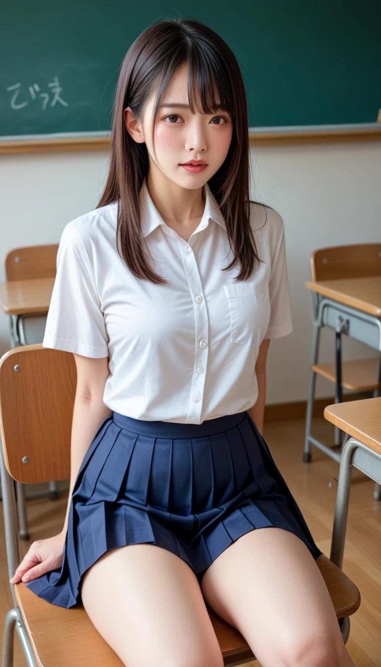 ((Brown Hair)), ((Gal)), ((Breast enlargement)), (masterpiece, Highest quality:1.2), 8K, Young and beautiful girl, 85mm,Official AR RAW Photos, (Baby Face), ((Small face)), (((Super big breasts))), Detailed nipples, Show me your ears、photo shoot, Cute face, Thighs, Classroom after school, Looking at the audience, (M-shaped legs), Embarrassing、smile、Natural Makeup, Film Grain, chromatic aberration, Sharp focus, Face Light, Bright lighting, 10 generations, Detailed face, Background blur、((((((14 year old high school girl))))))、Narrow waist, ((Schoolgirl uniform, Checkered pleated mini skirt)), (Sexyパンティー), sit with your legs open, Sexy, Seductive look