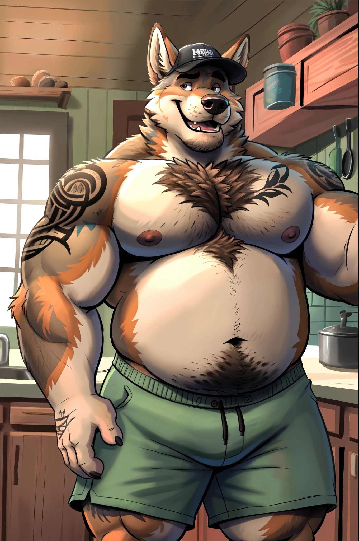 highest res, brown wolf, anthro, 4 fingers, most realistic detailed accurate blurred background, male in early 40's, musclegut, musclegut anthro, musclegut male, tail, standing in best most realistic detailed accurate kitchen of best most realistic detailed accurate luxury mansion, solo, by dramamine, by nanoff, by minedoo, by dream_and_nightmare, by horrorbuns, best fluffiest most detailed slightly dark multi tone wolf fur, full body view, best most realistic detailed wolf fur pattern, colors, and markings, best most calm relaxed tough and manly masculine sleepy face, best most calm casual relaxed tough and manly masculine sleepy pose, smiling, smiling at viewer, scruffy, frontal view, fully front facing view, american, best average height most fat and chubby most sexy stocky muscular body, dad bod, daddy, dilf, half open mouth, best most detailed medium sized dark nipples, nipple tips and areolas, open eyes, detailed dark pupils, summer, nude male, best quality, masterpiece, perked up ears, hairiest hirsute body, facing viewer, without text, indoors, closeup, best most detailed huge pecs and moobs, best most detailed slightly big belly, best most realistic body proportions, most tough and manly masculine male, best most detailed wolf teeth, bottomwear, wearing best most detailed most tough and manly masculine plain underwear, belly overhang, best most detailed longest fluffiest happy trail, hdr, 8k, most detailed deep navel, best most detailed longest fluffiest chest and belly hair, most detailed short dark wolf hair, detailed short most tough and manly masculine most accurate hairstyle, an14, best anatomy, best ergonomics, underwear bulge, morning, wearing best most detailed most tough and manly masculine open plain robe, e621,