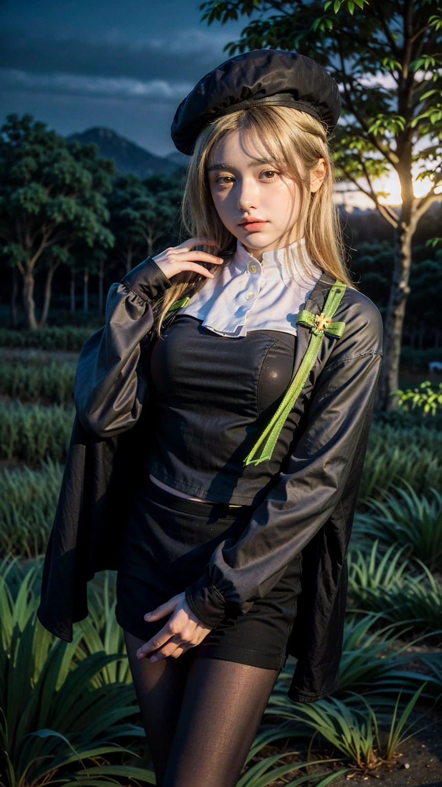 1 girl, best quality, ((Miyo)), tarankaaa, perfect face, beautiful smile, 30 years old, ((ascot,uniform, black skirt, cross, ribbon, gold blonde hair, emerald, beret, cape, pantyhose)), ((perfectly drawn hands)), perfect body, bare tree, bush, fog, forest, grass, nature, outdoors, plant, scenery, solo, standing, tree, 32k photograph, ((perfect eyes, detailed eyes,realistic eyes)), ((sharp face, detailed face, realistic face, natural skin, realistic skin, detailed skin, pores)), full body, tone mapping, asian-european, ((masterpiece)), ((highres)), ((detailed background)), japanese village background, night, big proportions, (abdomen is covered)