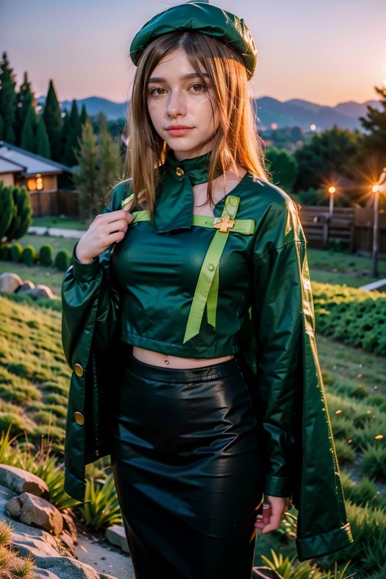 1 girl, best quality, ((Miyo)), tarankaaa, perfect face, NOT Dasha Taran, beautiful smile, 30 years old, ((ascot,uniform, black skirt, cross, ribbon, gold blonde hair, emerald, beret, cape, pantyhose)), ((perfectly drawn hands)), perfect body, bare tree, bush, fog, forest, grass, nature, outdoors, plant, scenery, solo, standing, tree, 32k photograph, ((perfect eyes, detailed eyes,realistic eyes)), ((sharp face, detailed face, realistic face, natural skin, realistic skin, detailed skin, pores)), full body, tone mapping, asian-european, ((masterpiece)), ((highres)), ((detailed background)), japanese village background, night, big proportions, (abdomen is covered)