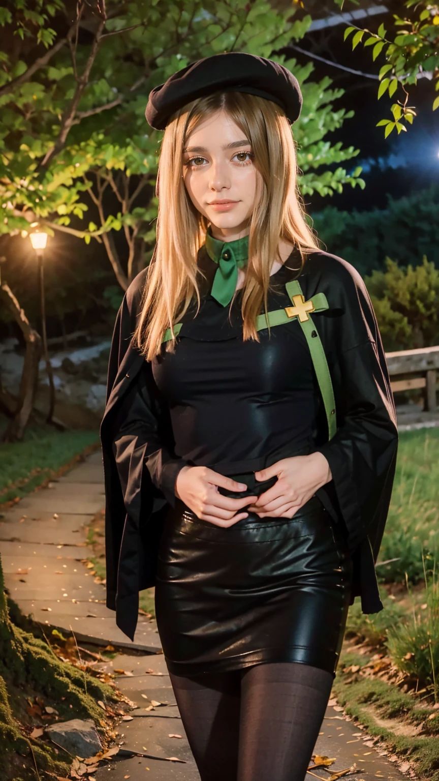 1 girl, best quality, ((Miyo)), tarankaaa, perfect face, NOT Dasha Taran, beautiful smile, 30 years old, ((ascot,uniform, black skirt, cross, ribbon, gold blonde hair, emerald, beret, cape, pantyhose)), ((perfectly drawn hands)), perfect body, bare tree, bush, fog, forest, grass, nature, outdoors, plant, scenery, solo, standing, tree, 32k photograph, ((perfect eyes, detailed eyes,realistic eyes)), ((sharp face, detailed face, realistic face, natural skin, realistic skin, detailed skin, pores)), full body, tone mapping, asian-european, ((masterpiece)), ((highres)), ((detailed background)), japanese village background, night, big proportions, (abdomen is covered)