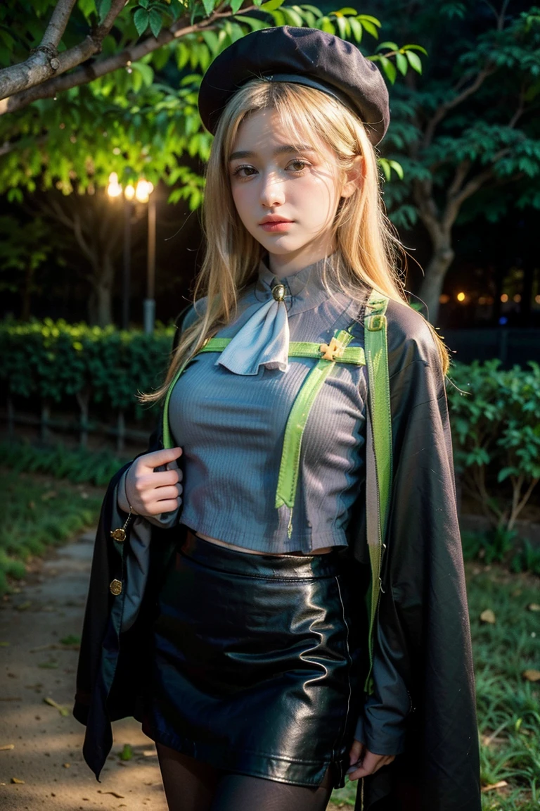 1 girl, best quality, ((Miyo)), tarankaaa, perfect face, NOT Dasha Taran, beautiful smile, 30 years old, ((ascot,uniform, black skirt, cross, ribbon, gold blonde hair, emerald, beret, cape, pantyhose)), ((perfectly drawn hands)), perfect body, bare tree, bush, fog, forest, grass, nature, outdoors, plant, scenery, solo, standing, tree, 32k photograph, ((perfect eyes, detailed eyes,realistic eyes)), ((sharp face, detailed face, realistic face, natural skin, realistic skin, detailed skin, pores)), full body, tone mapping, asian-european, ((masterpiece)), ((highres)), ((detailed background)), japanese village background, night, big proportions, (abdomen is covered)
