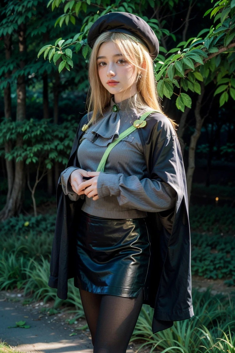 1 girl, best quality, ((Miyo)), tarankaaa, perfect face, NOT Dasha Taran, beautiful smile, 30 years old, ((ascot,uniform, black skirt, cross, ribbon, gold blonde hair, emerald, beret, cape, pantyhose)), ((perfectly drawn hands)), perfect body, bare tree, bush, fog, forest, grass, nature, outdoors, plant, scenery, solo, standing, tree, 32k photograph, ((perfect eyes, detailed eyes,realistic eyes)), ((sharp face, detailed face, realistic face, natural skin, realistic skin, detailed skin, pores)), full body, tone mapping, asian-european, ((masterpiece)), ((highres)), ((detailed background)), japanese village background, night, big proportions, (abdomen is covered)