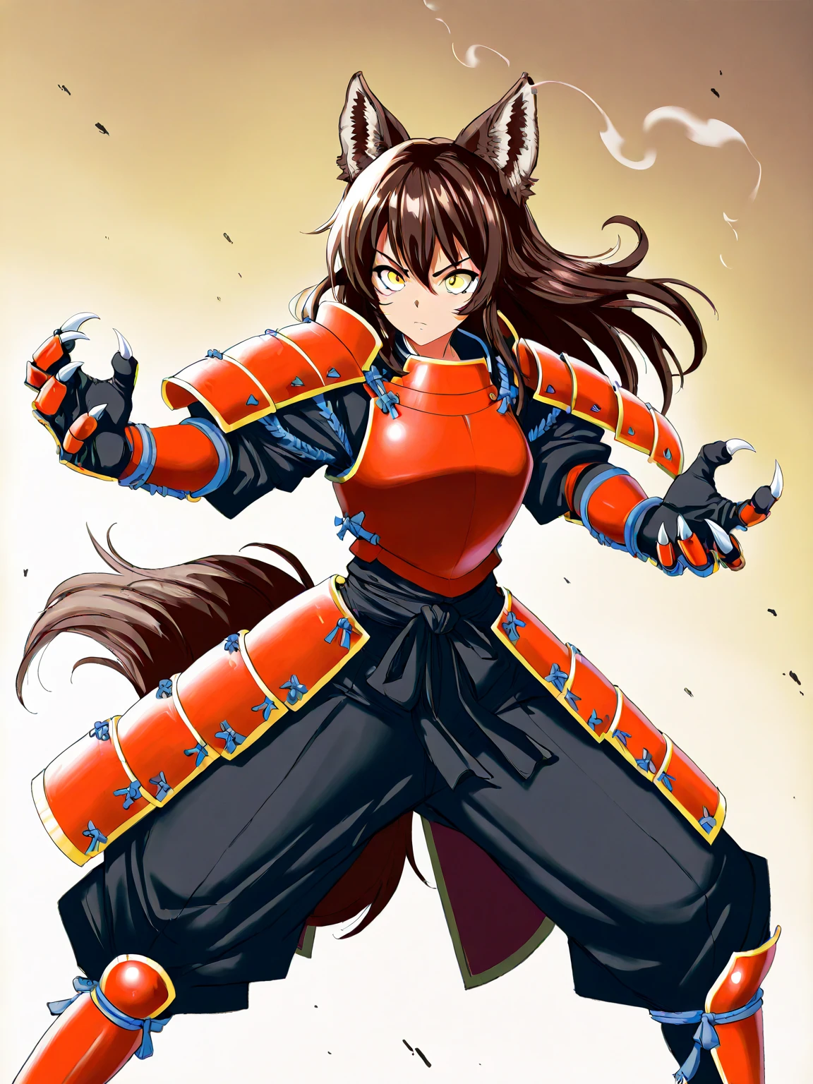 Dynamic composition、((Perspective Lens, Woman with long hair, Dynamic poses with serious and mean expressions, Two hands brandishing a large, long Japanese sword )) ((Pure Orange Background:1.2)),Anime Style、Detailed eyes、Looks like she's in her early 20s,Shooting in mid-motion,With her long braided hair fluttering. Her outfit is reminiscent of a butterfly,Black and yellow color palette,Be playful.,Neon color line fractal art、
