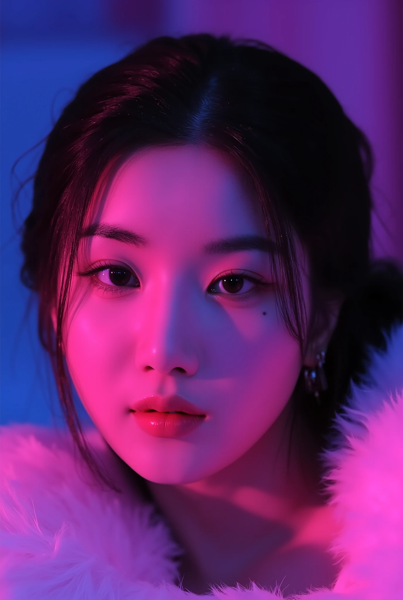 korean woman with pink makeup posing in bed, glowing pink face, soft portrait shot 8 k, glowing magenta face, glowing with colored light, sexy girl, glowwave girl portrait, magenta lighting. fantasy, glowing neon skin, color photograph portrait 4k, 8 k sensual lighting, glowing pink eyes, sexy face with full makeup. Neon eyes beautiful