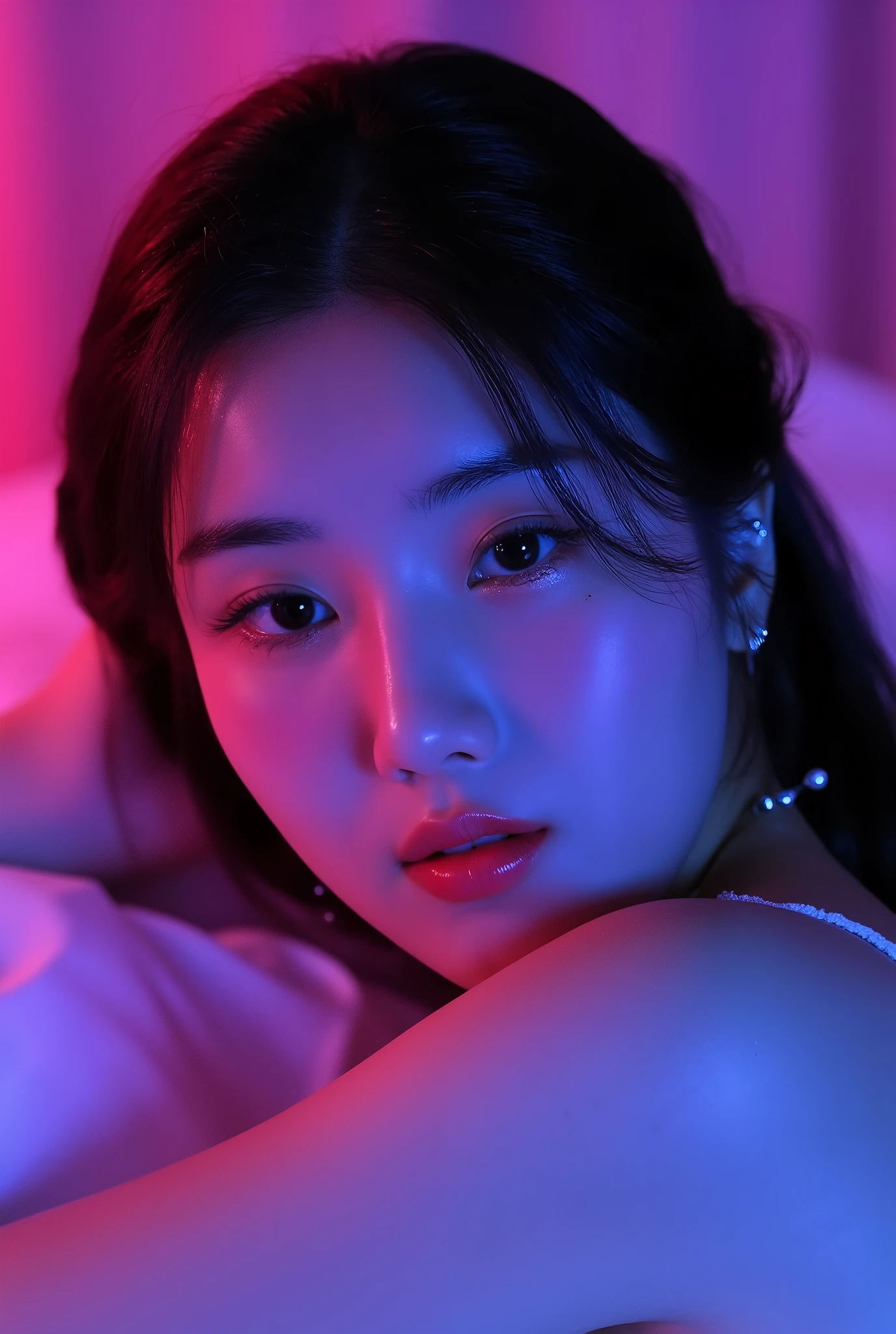 korean woman with pink makeup posing in bed, glowing pink face, soft portrait shot 8 k, glowing magenta face, glowing with colored light, sexy girl, glowwave girl portrait, magenta lighting. fantasy, glowing neon skin, color photograph portrait 4k, 8 k sensual lighting, glowing pink eyes, sexy face with full makeup. Neon eyes beautiful