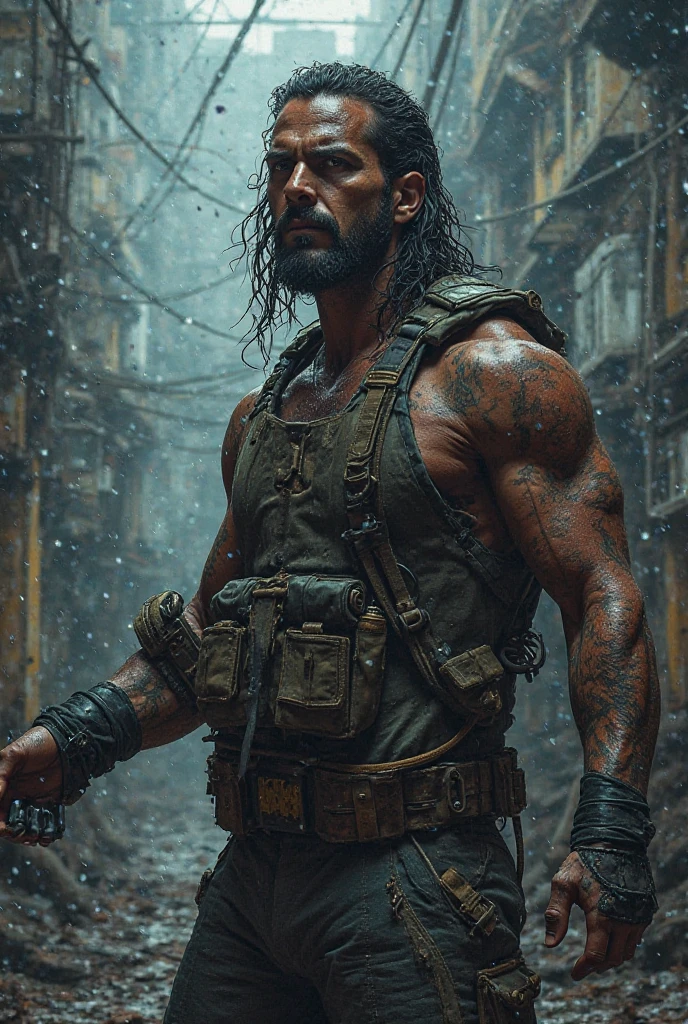 A soldier man, black skin, Bblack hair, eyes browns, staring maliciously.
