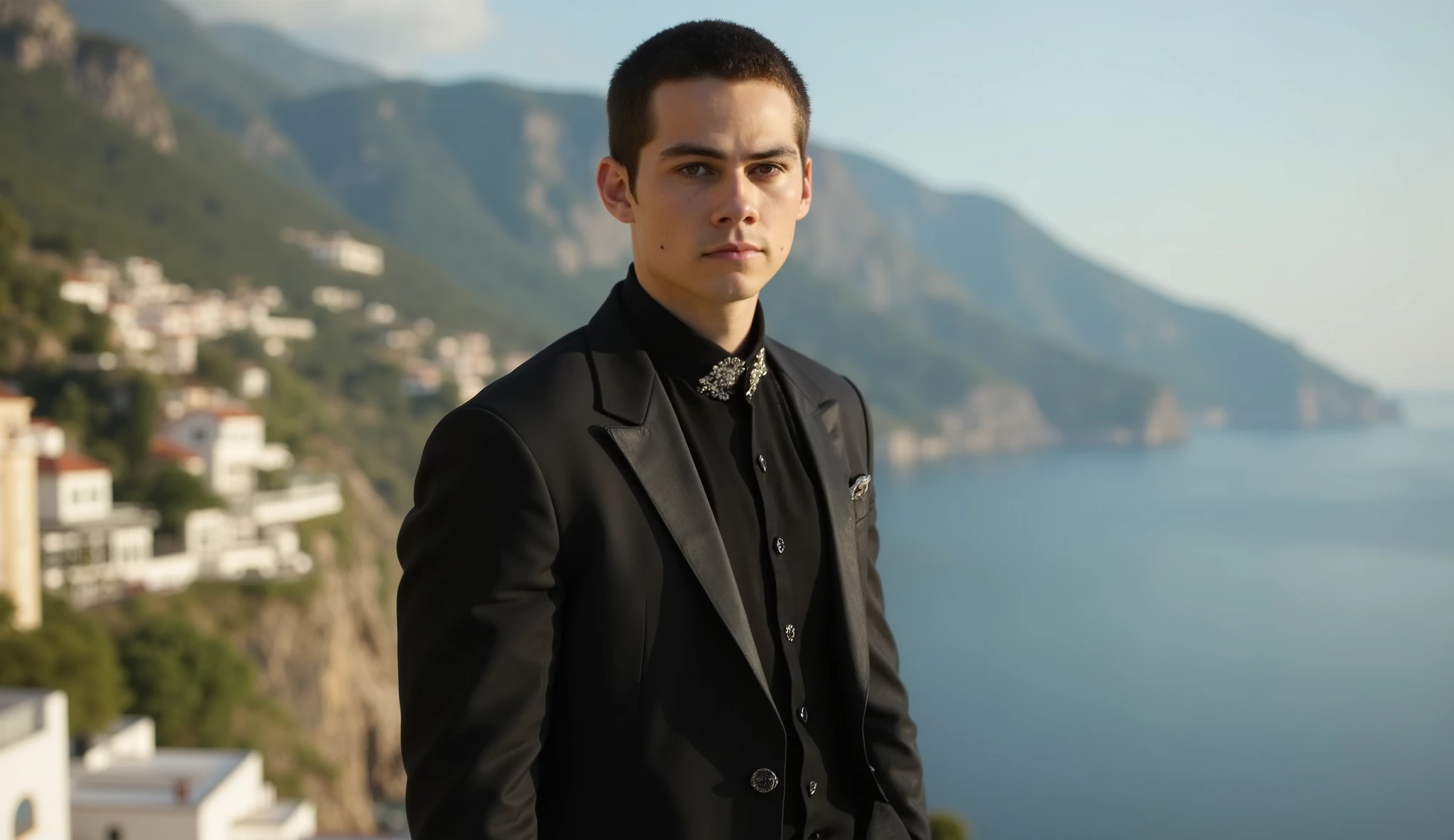 A young man ((dylan o'brien)), half body, Wearing a black wedding dress code, At a wedding venue in Praiano.