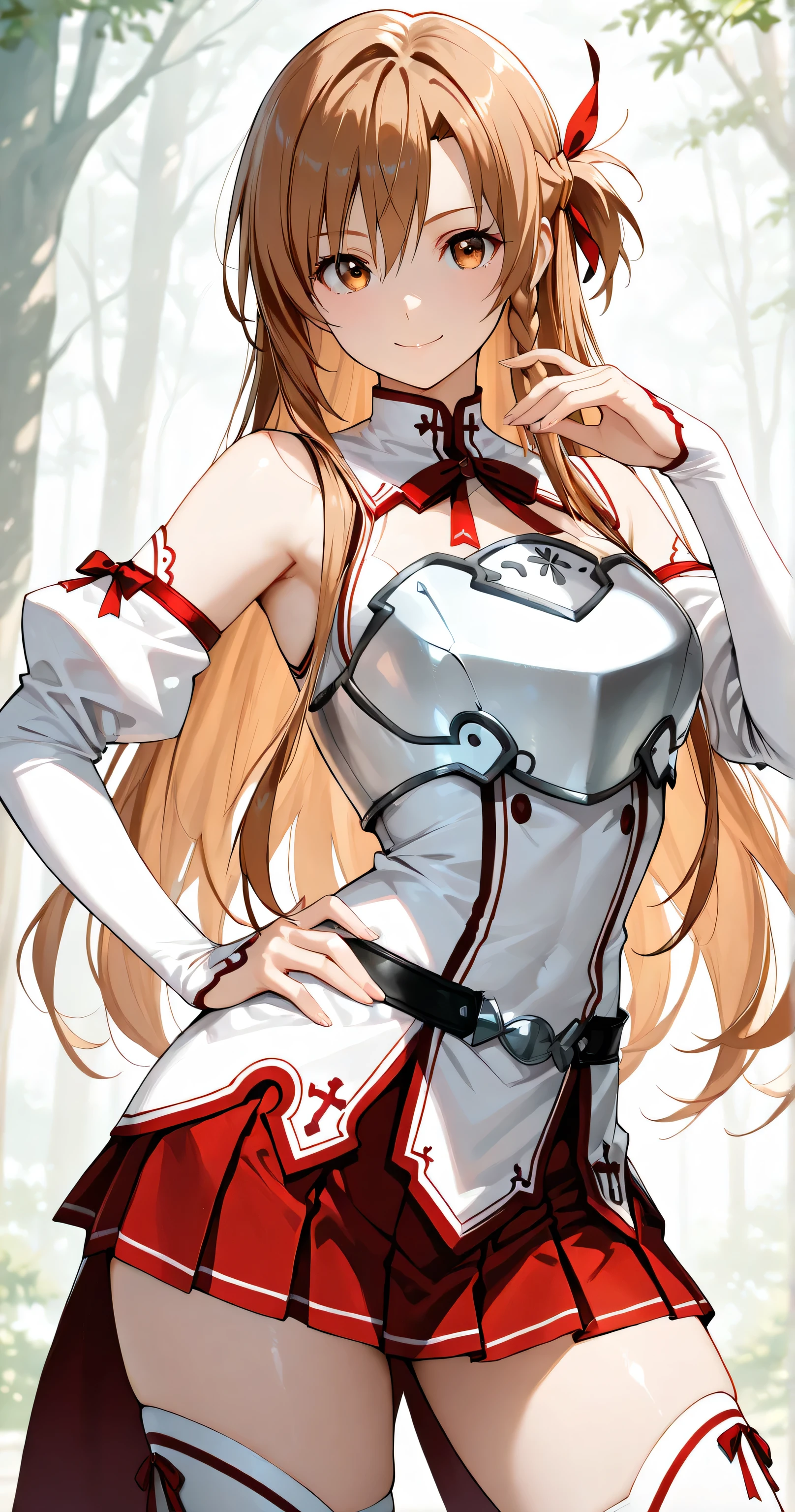 insanely detailed,
yuuki asuna, brown eyes, brown hair, long hair, bangs, braid
yuukiasunasaooutfit, white armor, white breastplate, red pleated skirt, white detached sleeves, bare shoulders, white thighhighs,
Contrapposto, arched back, hand on hip, Tippy Toe,
beautiful eyes, detailed irises, gentle shading, long eyelashes, exquisite eyelashes, detailed eyes,
Upturned almond-shaped eyes that give her a sharp, confident look,
sharp focus on eyes and facial details(0.2),
vibrant color with light reflections, delicate strands, silky smooth,
smile,
Brilliant skin, shiny skin, pale skin,
forest background, simple luxury background, minimalistic luxury setting,
Soft ambient lighting,
masterpiece, best quality, ultra-detailed, 8k resolution,
sharp focus, crisp details, rich colors, vibrant details,
stunning clarity, vibrant colors, harmonized colors,
(best illustration),(best shadow),(absurdres),(detailed background),(very aesthetic), vibrant color with light reflections,
1girl, solo, perfect anatomy, correct generation of hands, 4fingers and 1thumbs, visible hands in a natural pose, both hands clearly visible, nice hands, perfect hand.
simple luxury background, minimalistic luxury setting,
cowboy shot, front view, eye-level view,
2D anime style,
highly detailed face, refined body, flawless skin.