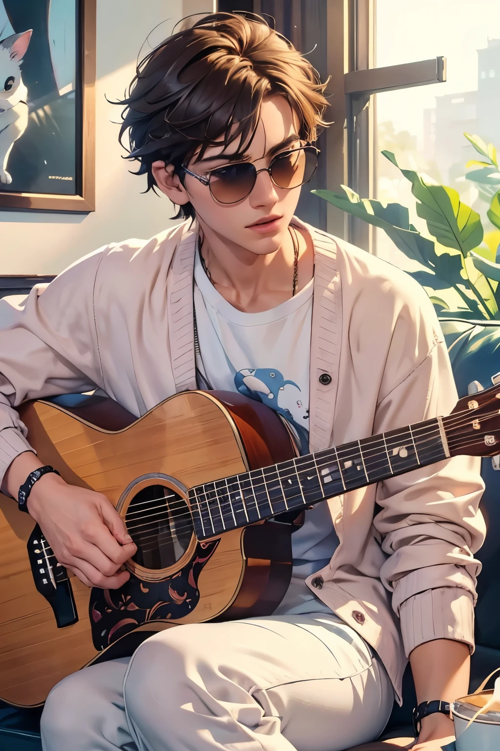 male musicians, in the room, sits on the sofa, Martin is playing an acoustic guitar, I'm wearing casual dark blue clothing and a white shirt, black pants , Dandy vibe , see-through sunglasses , A cup of coffee, yawn, looks a little sleepy, Small mouse , close your mouth, loves white cats , In a good mood, {illustrations}, {portrait}